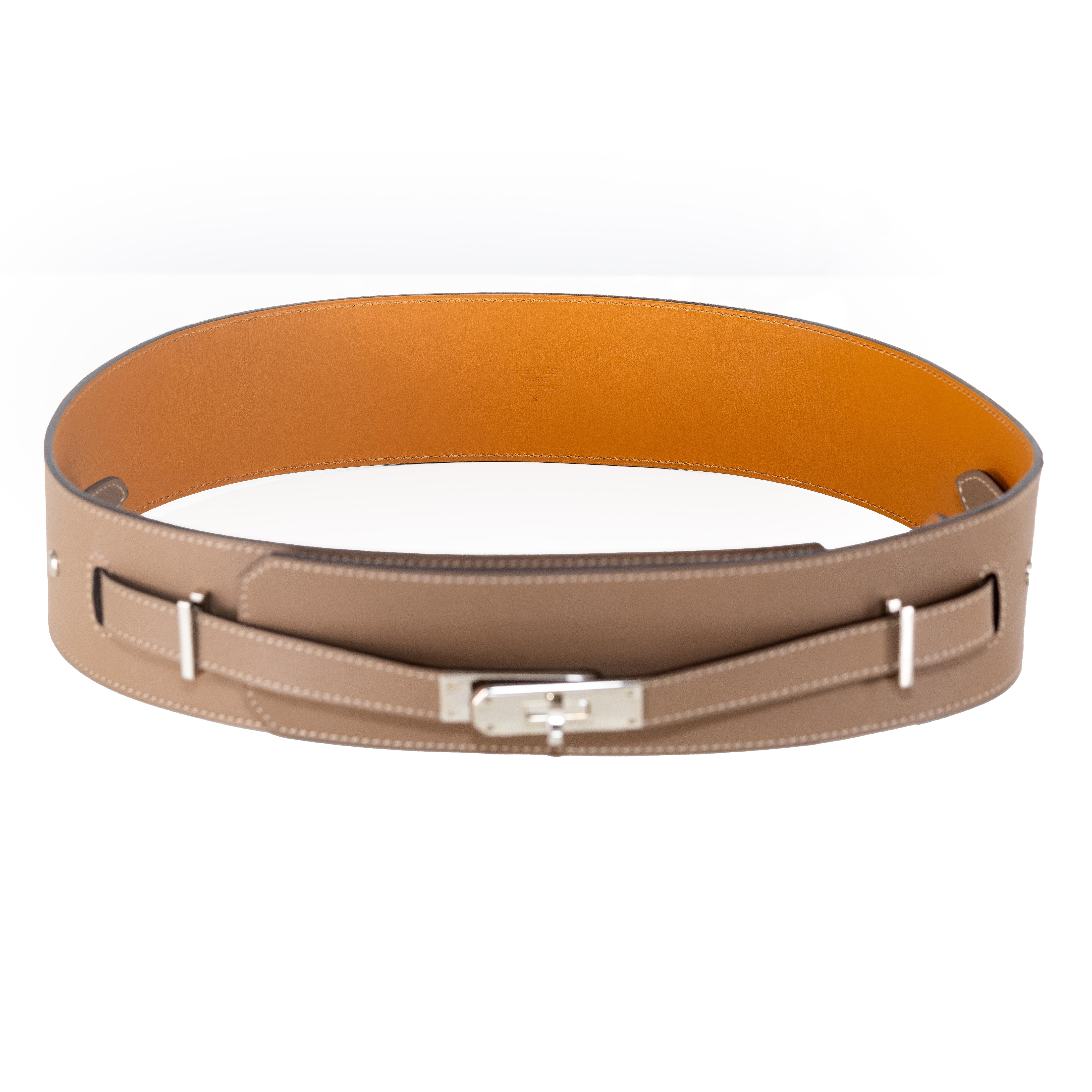 Hermes Kelly Wide Belt Grey Camel Palladium HW - New en vente 4