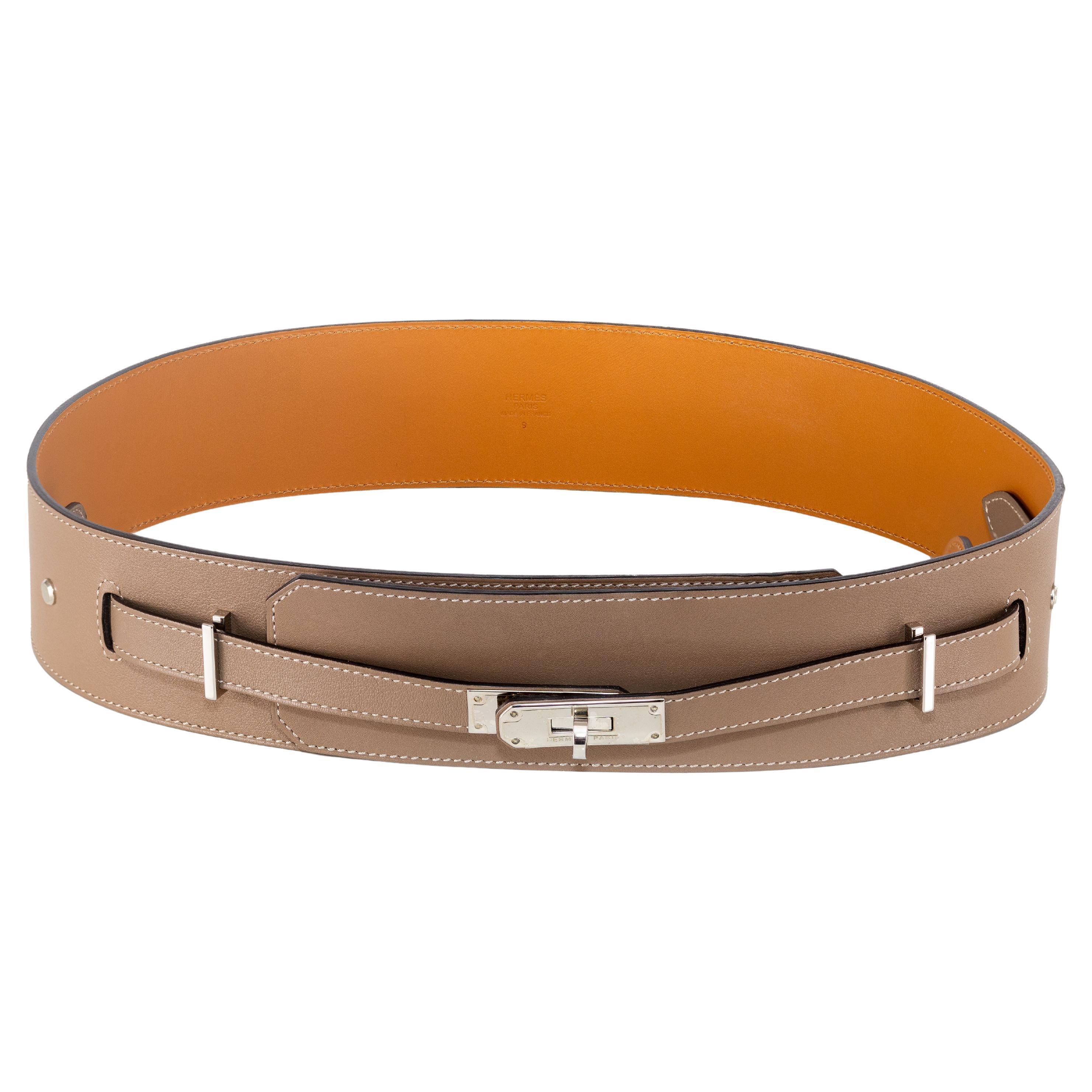 Hermes Kelly Wide Belt Grey Camel Palladium HW - New
