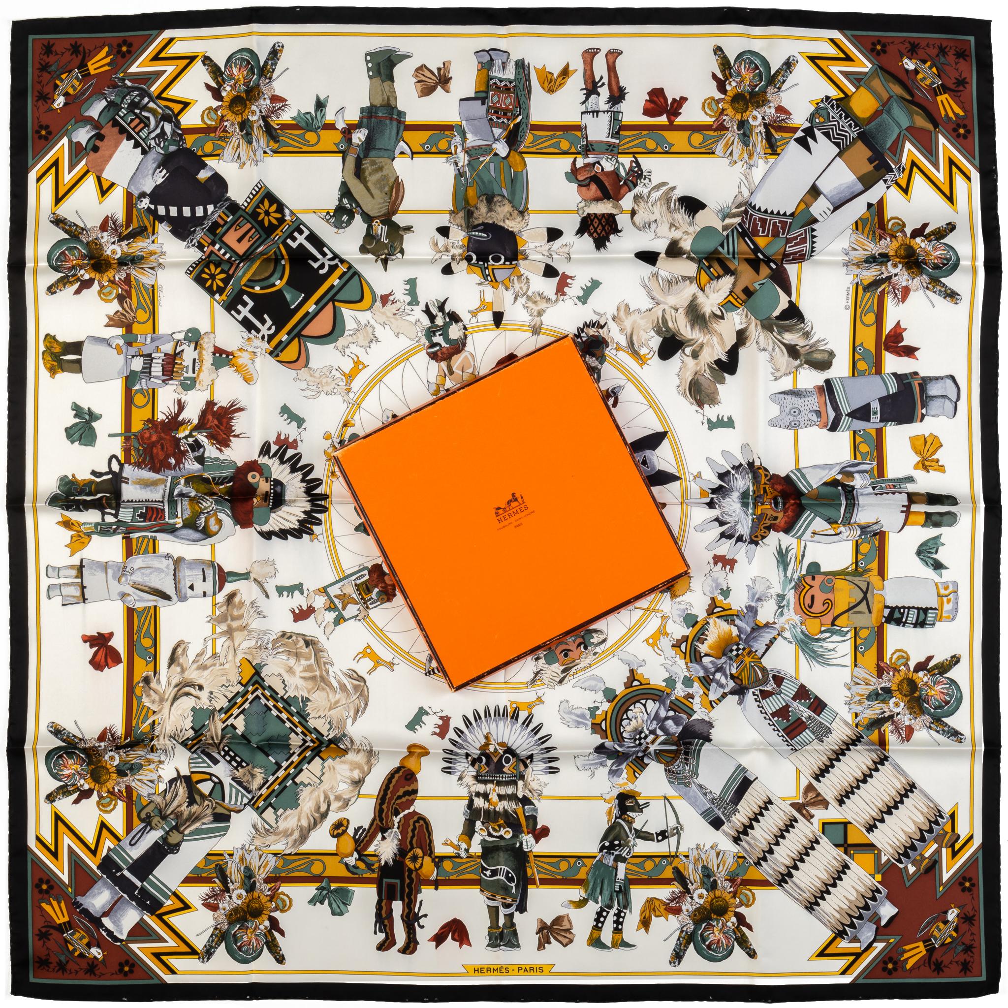 Signature Hermès silk twill Kachinas scarf designed by Kermit Oliver. Very collectible series. Hand rolled edges in a 35