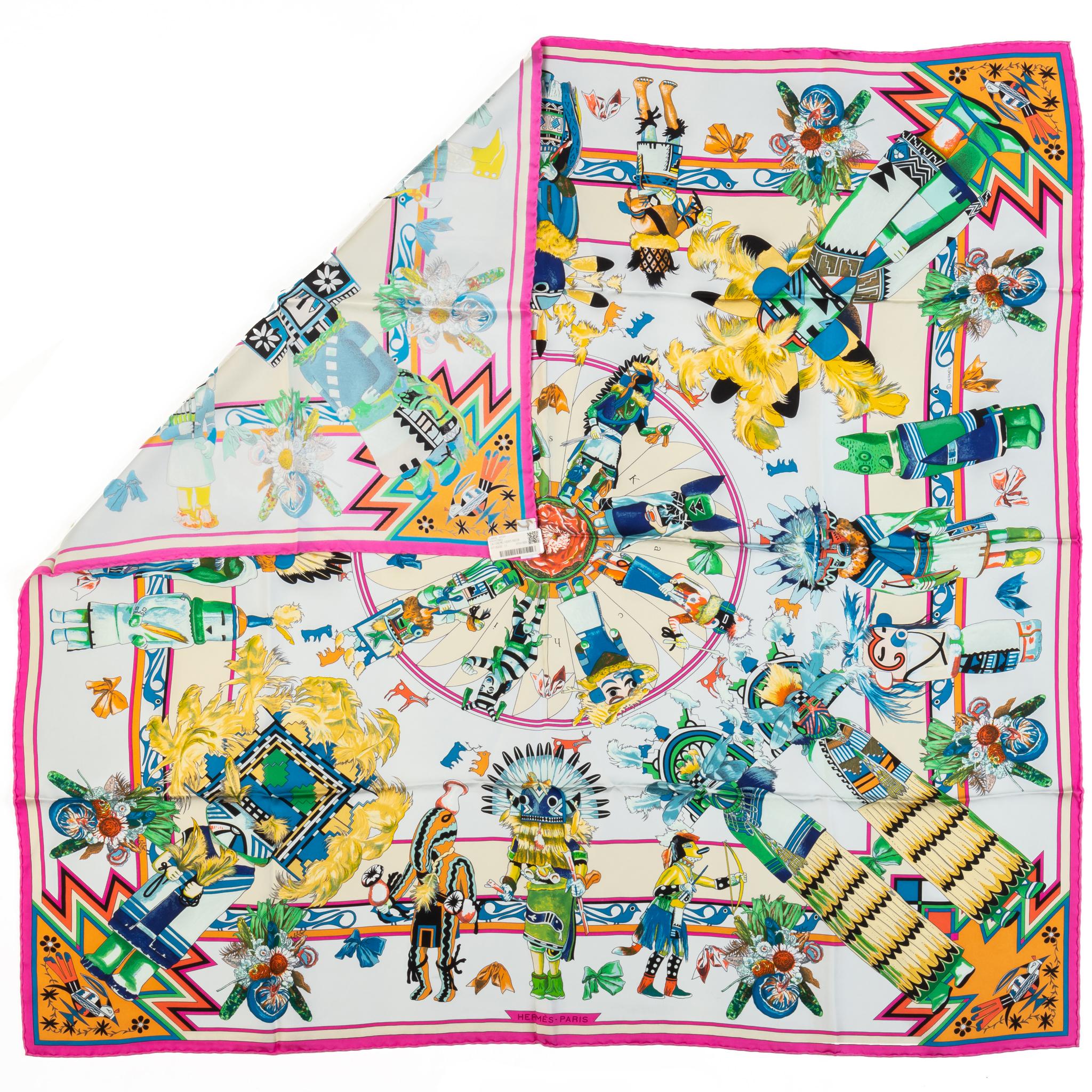 Signature Hermès silk twill Kachinas scarf designed by Kermit Oliver. Very collectible series. Hand rolled edges in a 35