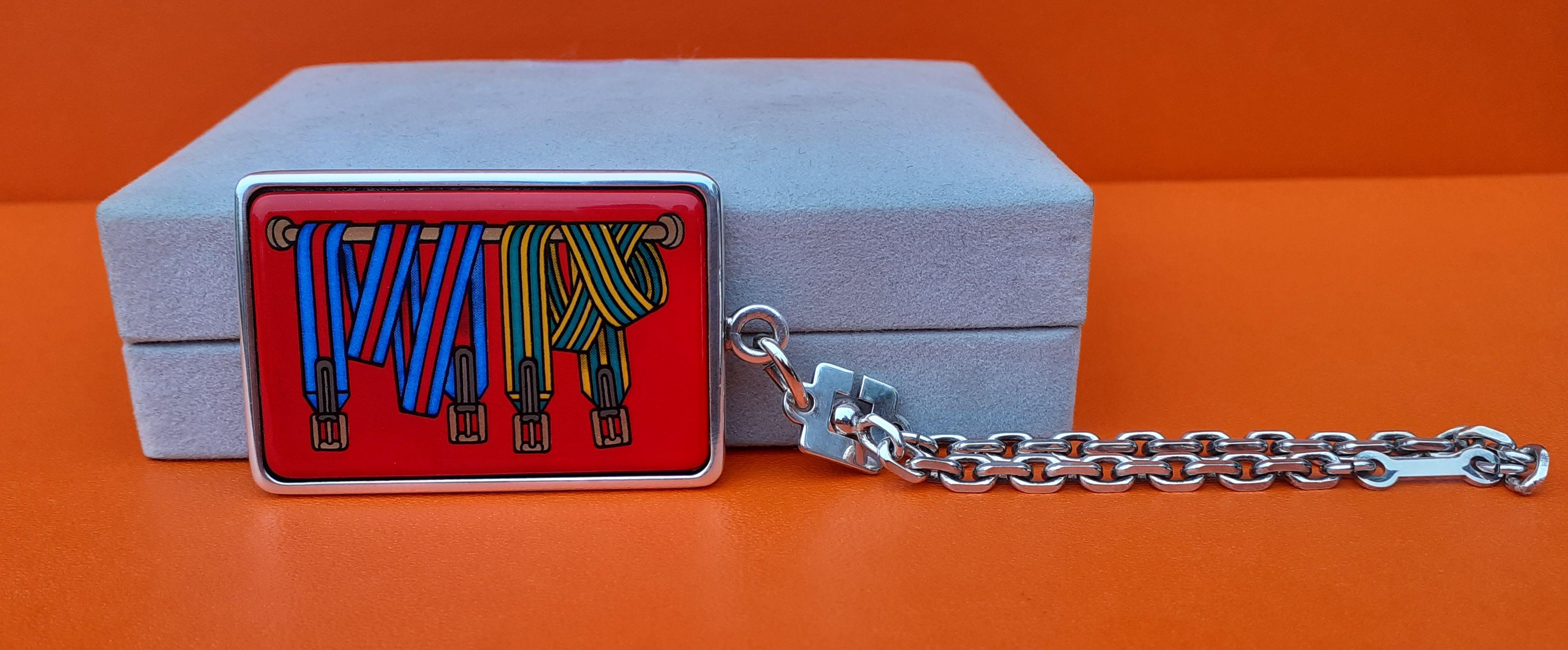 Hermès Key Ring Key Holder Les Sangles Horse Straps Enamel and Silver in Box 9