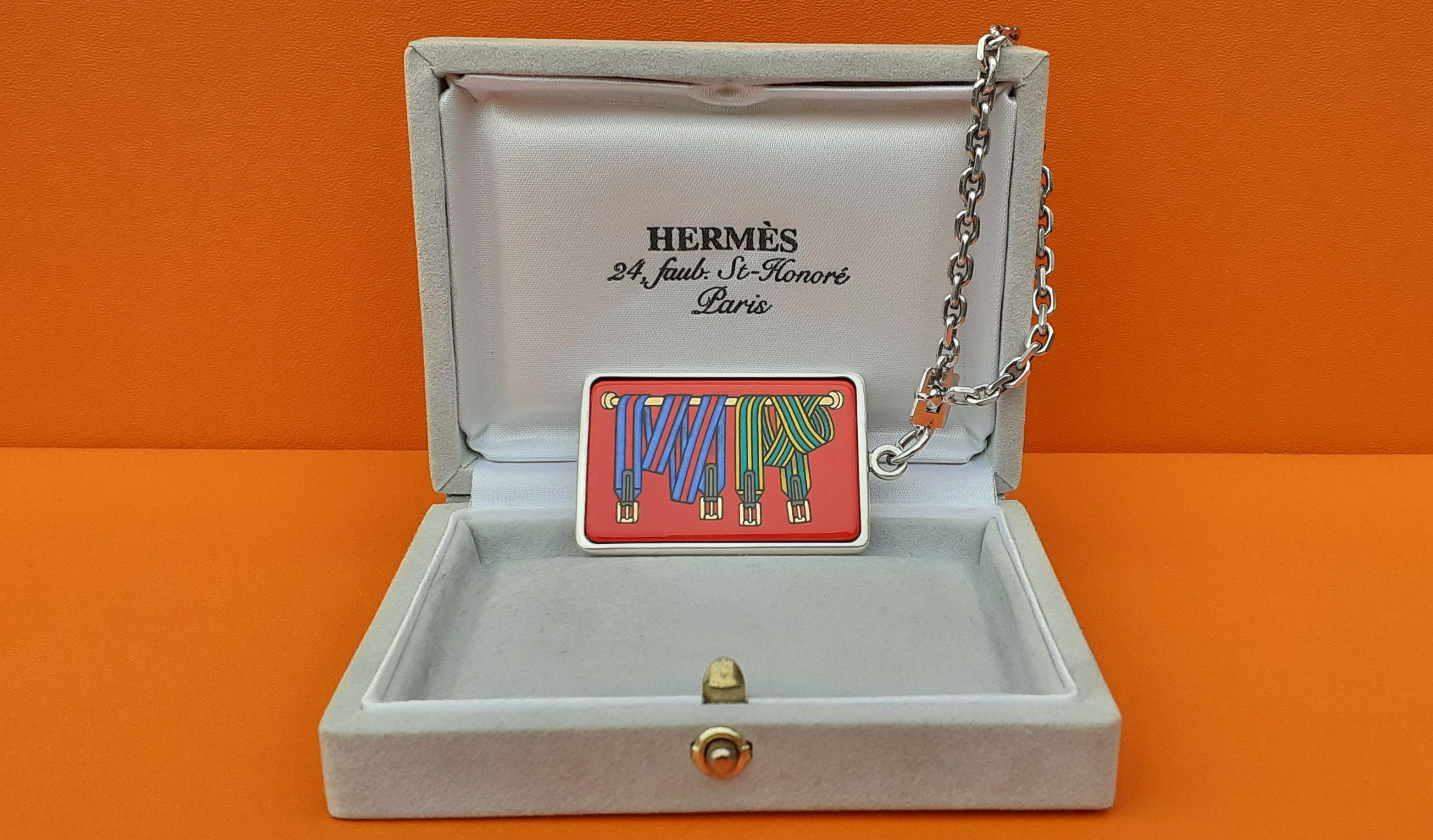 Hermès Key Ring Key Holder Les Sangles Horse Straps Enamel and Silver in Box 3