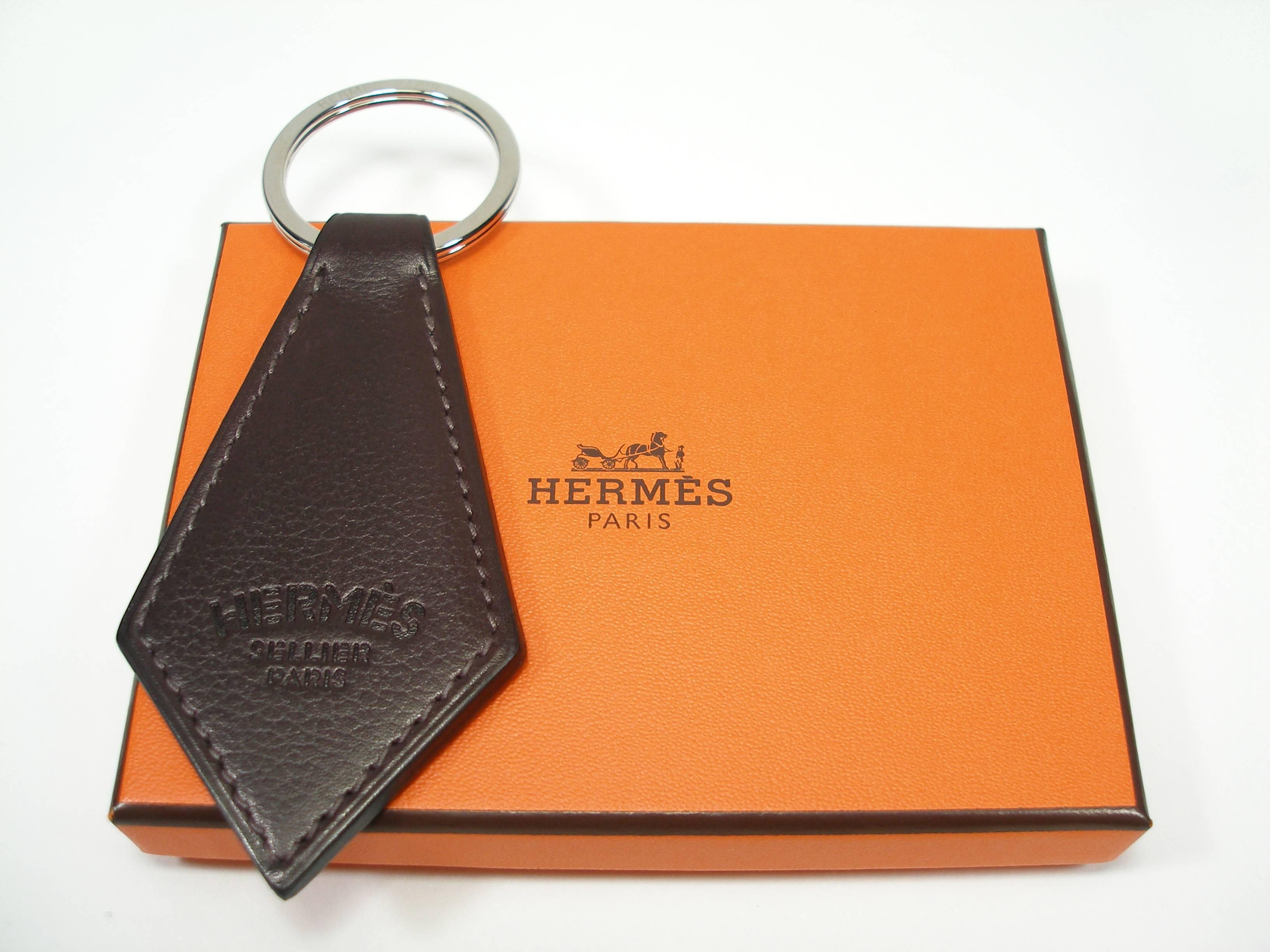 Women's or Men's Hermès Key Ring Tab Brown Leather and Palladium L SIZE / Brand New