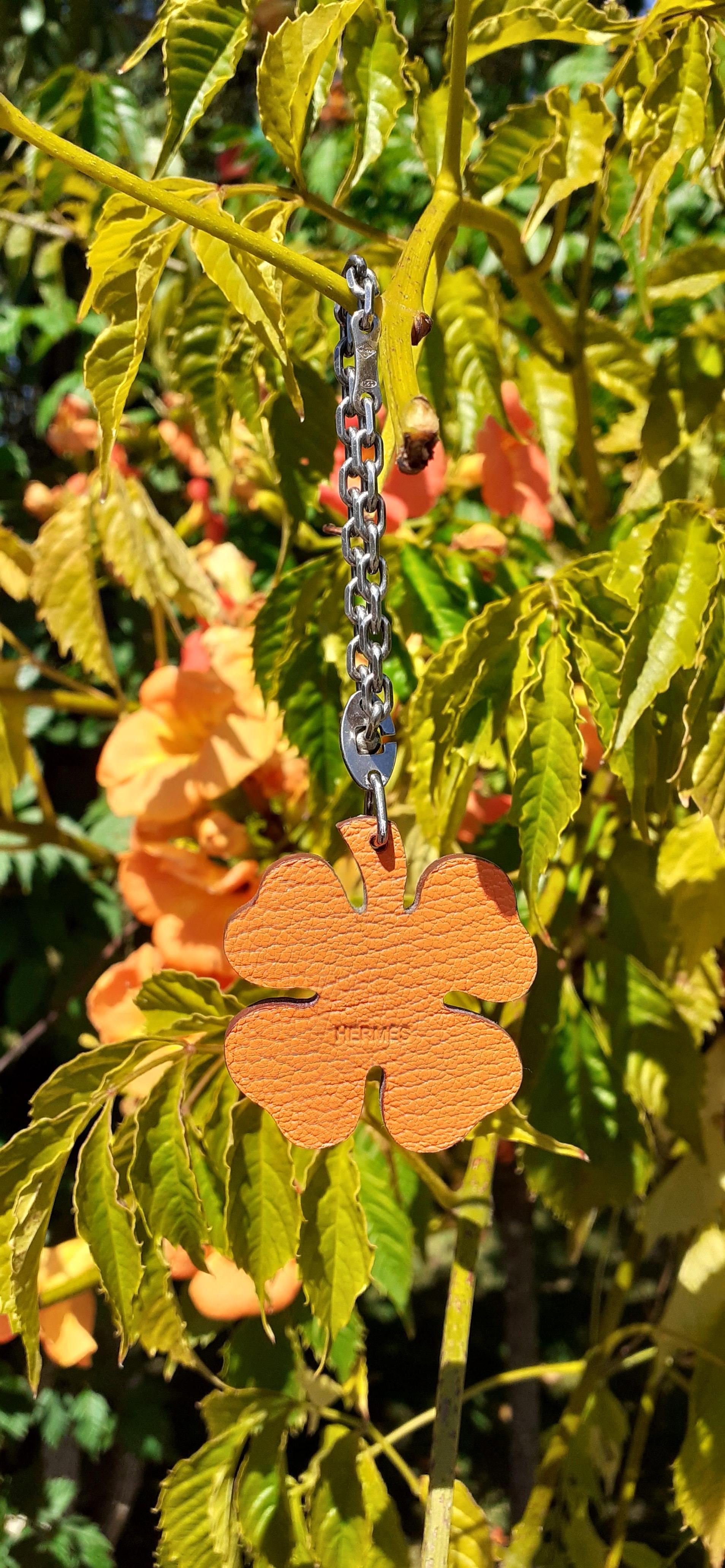 Hermès Keychain 4-Leaf Clover Green and Orange Leather Silver Kelly Birkin Charm 4