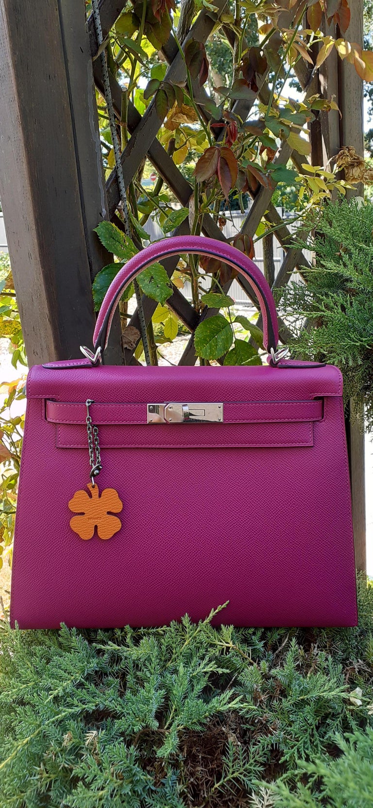 Hermès Keychain 4Leaf Clover Green and Orange Leather Silver Kelly