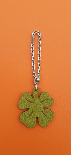 Hermès Keychain 4-Leaf Clover Green and Orange Leather Silver Kelly Birkin Charm