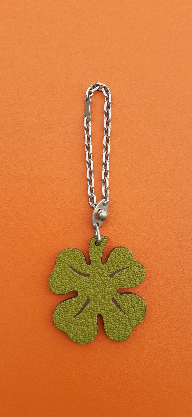 Hermès Keychain 4Leaf Clover Green and Orange Leather Silver Kelly