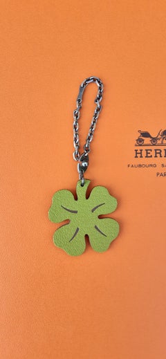 Hermès Keychain 4-Leaf Clover Green and Orange Leather Silver Kelly Birkin Charm