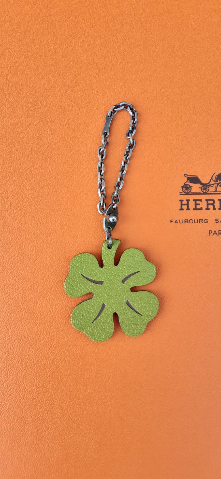 Hermès Keychain 4Leaf Clover Green and Orange Leather Silver Kelly