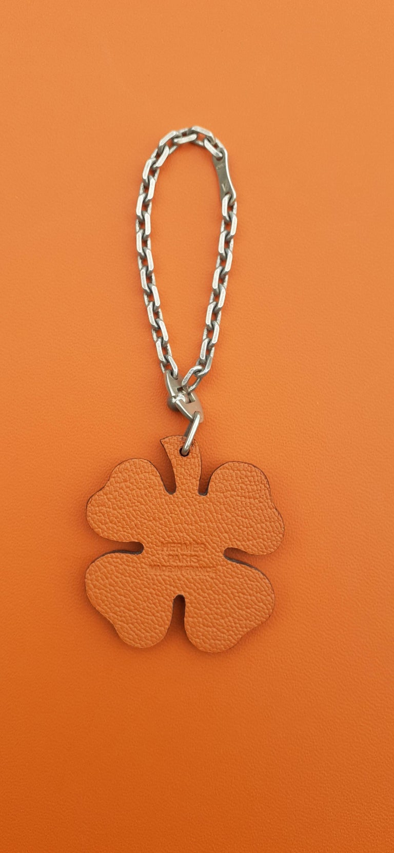 Hermès Keychain 4Leaf Clover Green and Orange Leather Silver Kelly