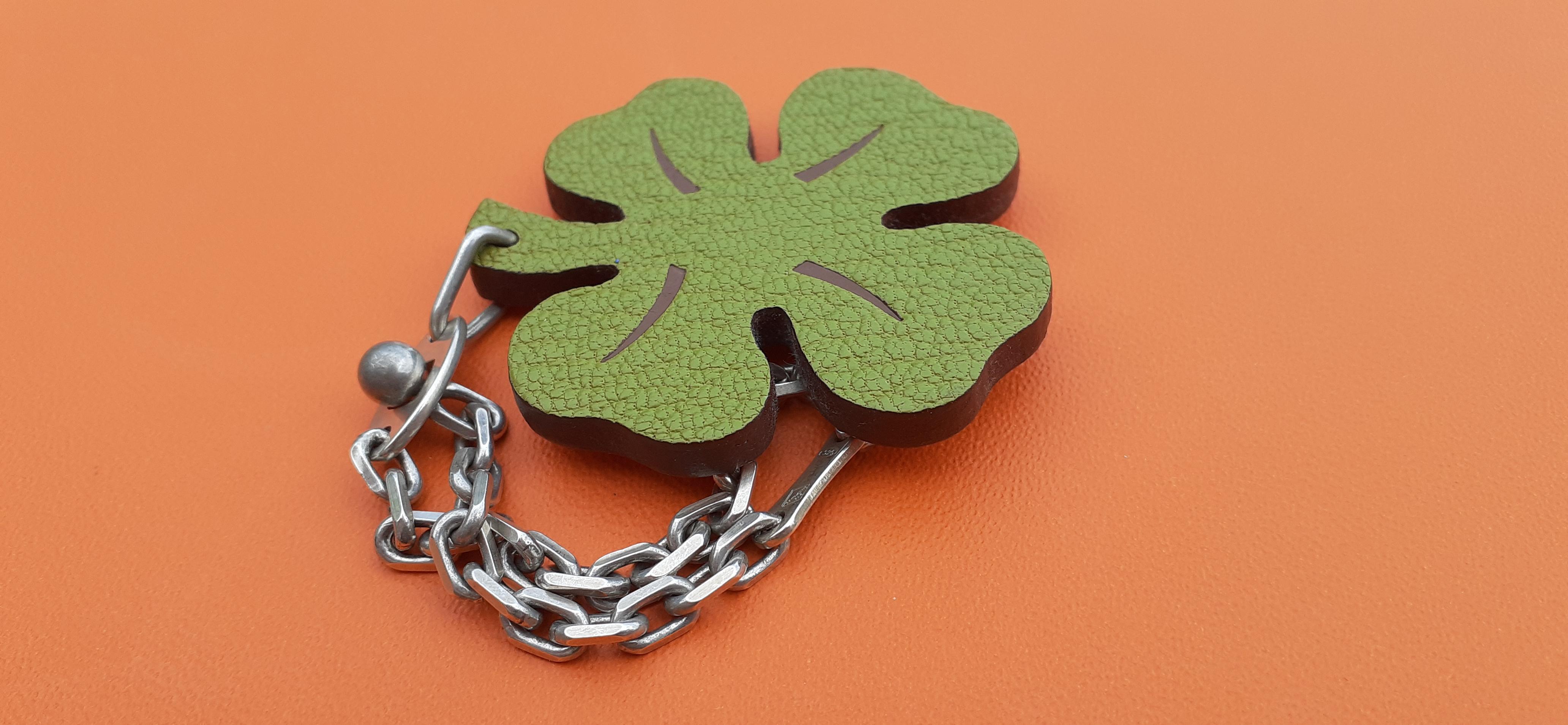Brown Hermès Keychain 4-Leaf Clover Green and Orange Leather Silver Kelly Birkin Charm For Sale