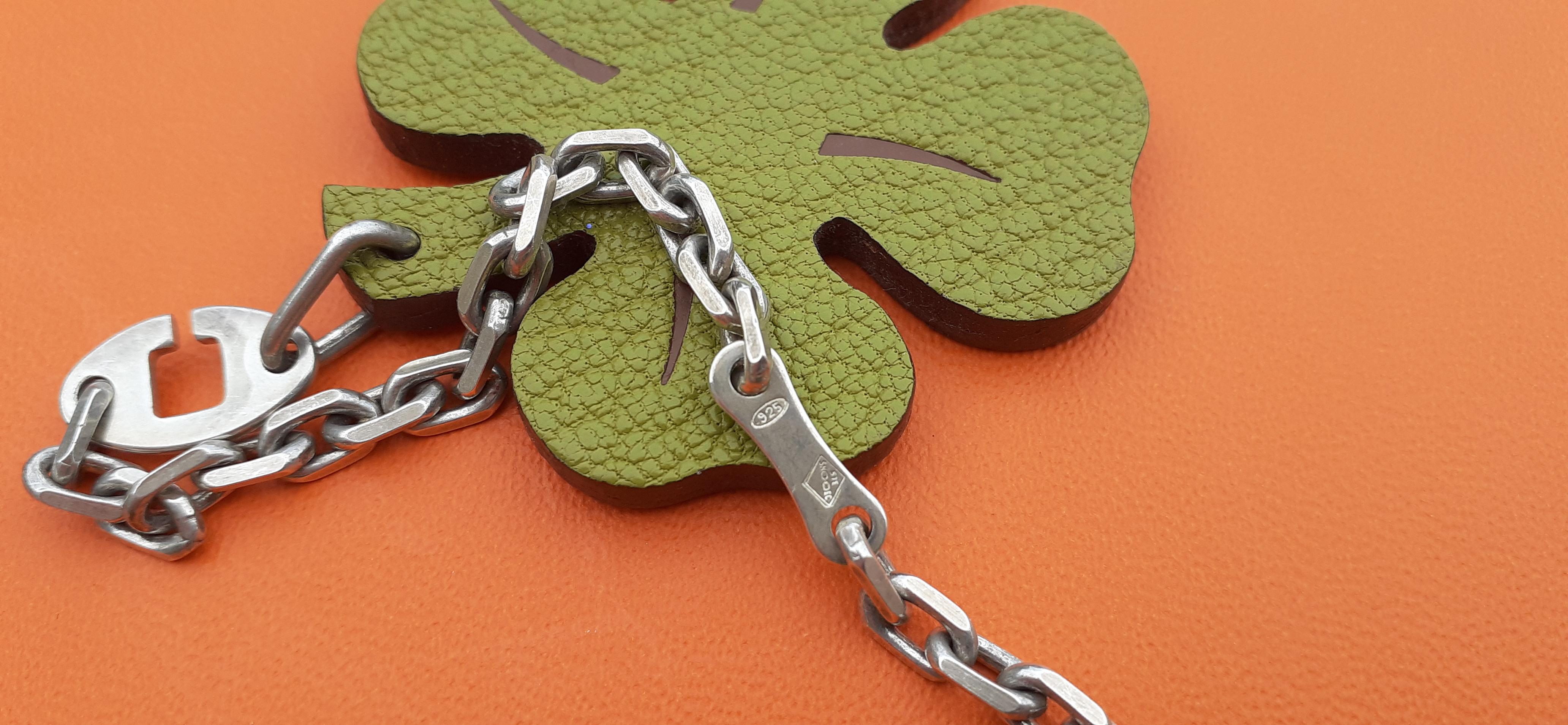 Hermès Keychain 4-Leaf Clover Green and Orange Leather Silver Kelly Birkin Charm For Sale 2