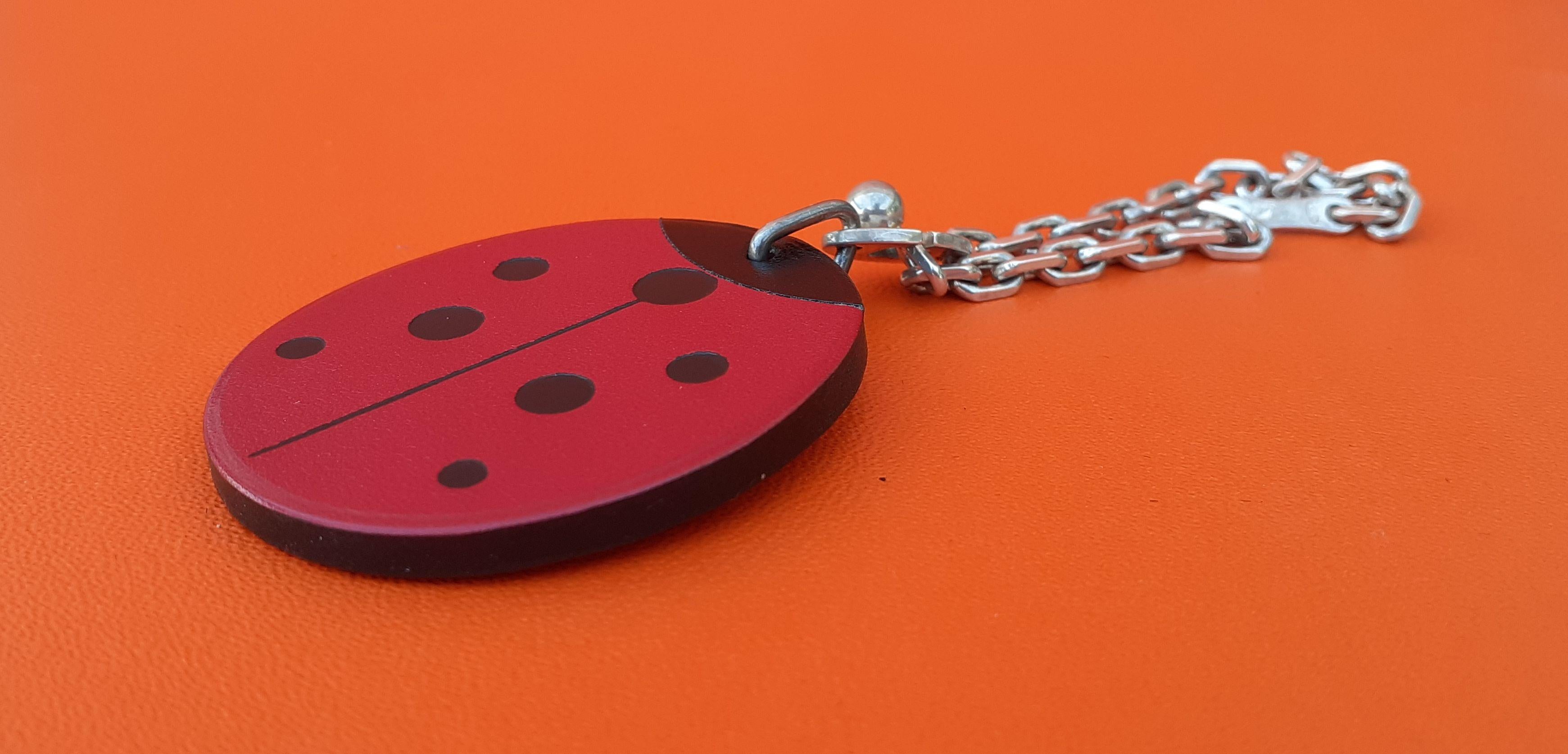 Red Hermès Keychain Key Holder Ladybug Charm Leather and Silver for Kelly Birkin Bag For Sale