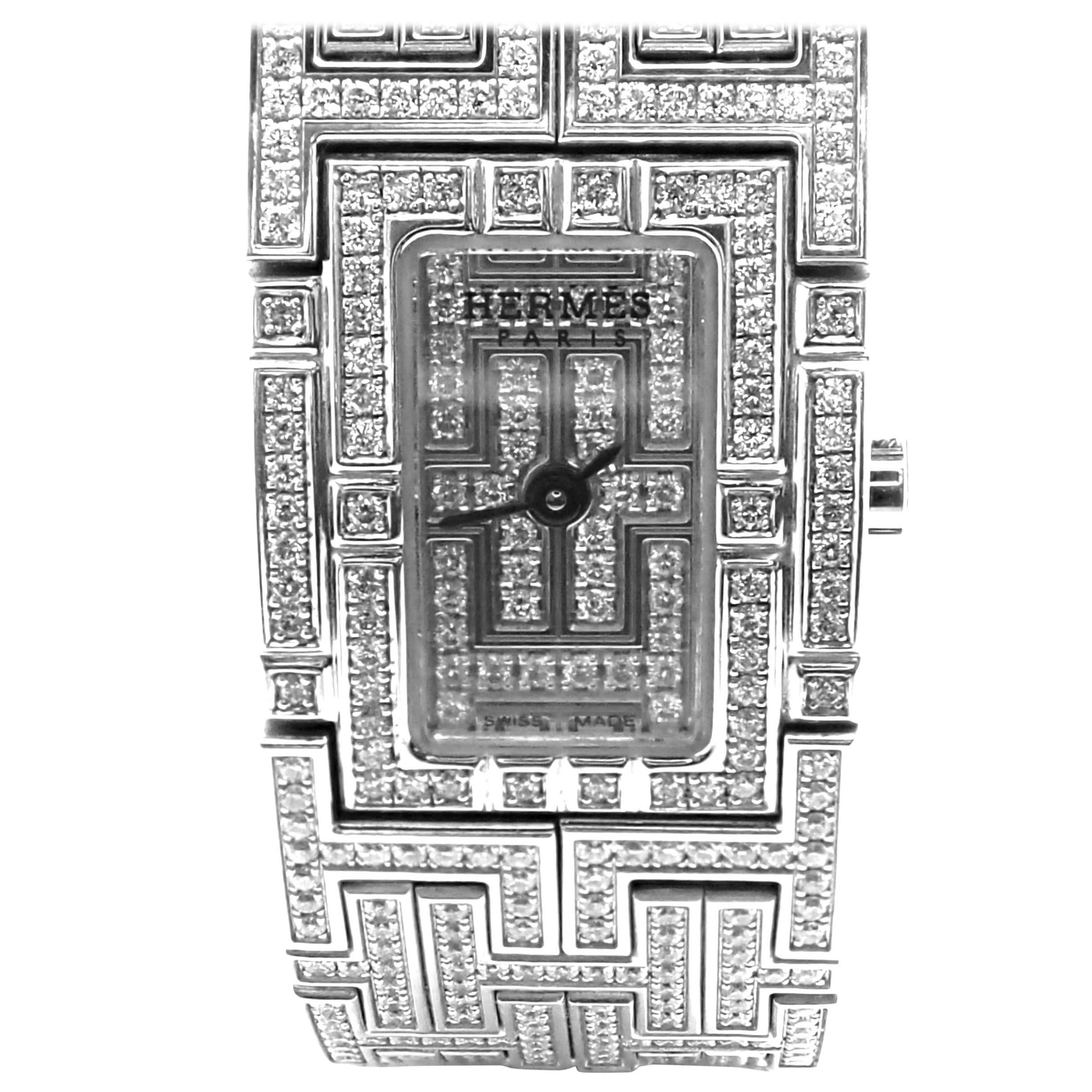 Hermes Kilim Full Diamond H White Gold Bracelet Ladies Wristwatch