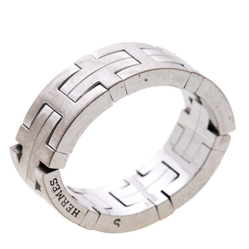 Hermes Kilim H Motif 18k White Gold Band Ring Size 51