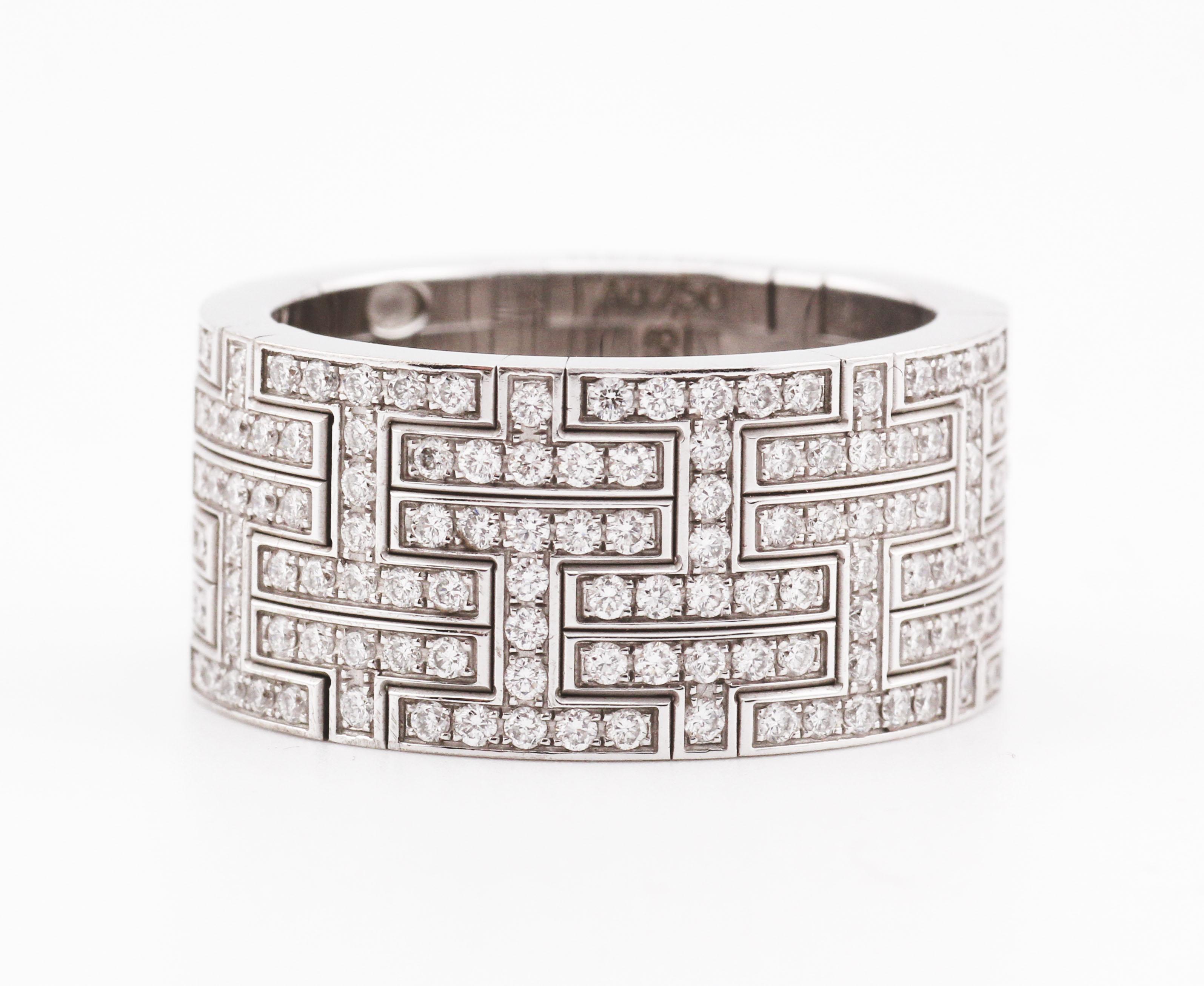 Brilliant Cut Hermes Kilim Pave Diamond 18k White Gold Wide Band Ring Size 58 8.25 For Sale