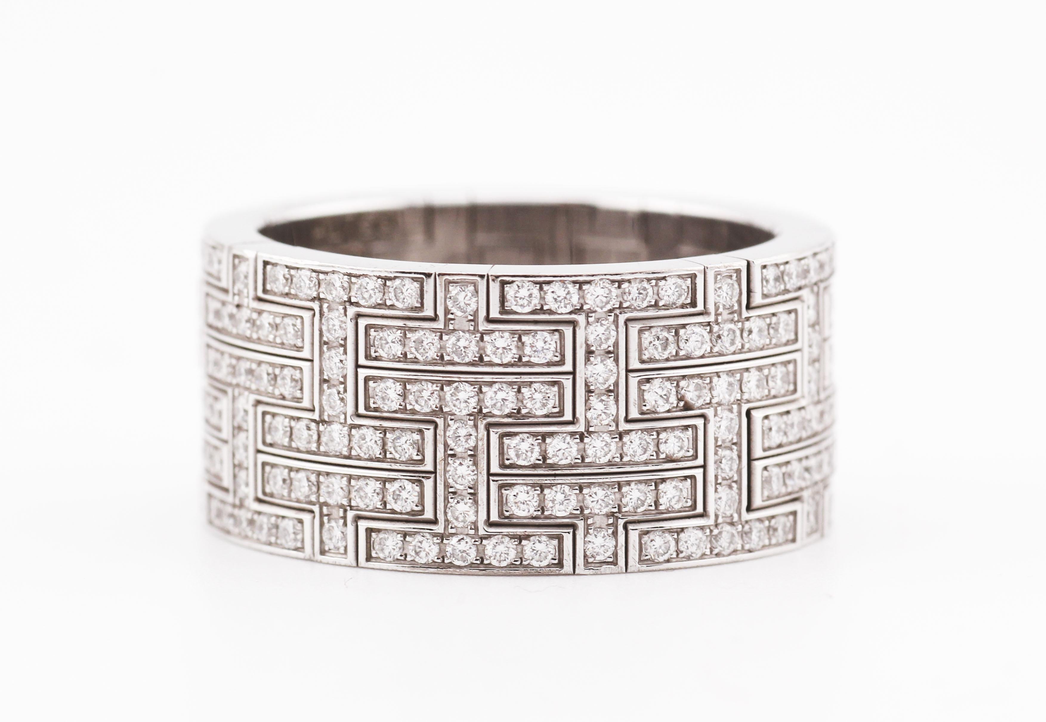 Hermes Kilim Pave Diamond 18k White Gold Wide Band Ring Size 58 8.25 In Good Condition For Sale In Simpsonville, SC
