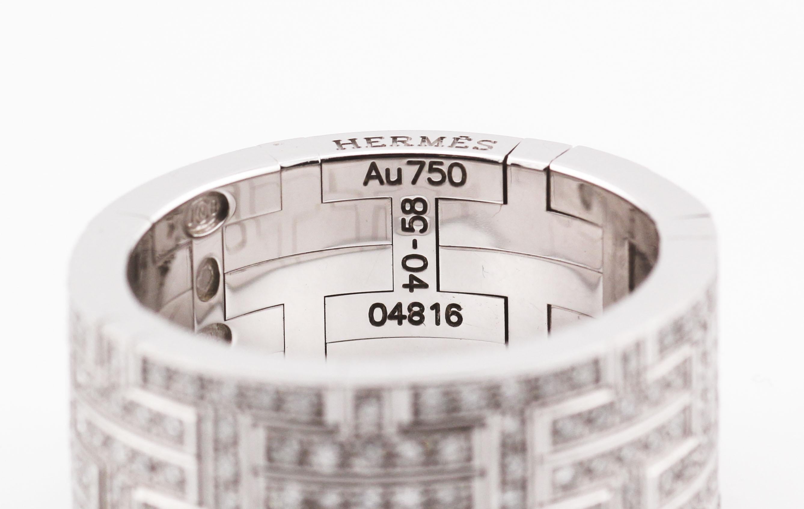 Women's or Men's Hermes Kilim Pave Diamond 18k White Gold Wide Band Ring Size 58 8.25 For Sale