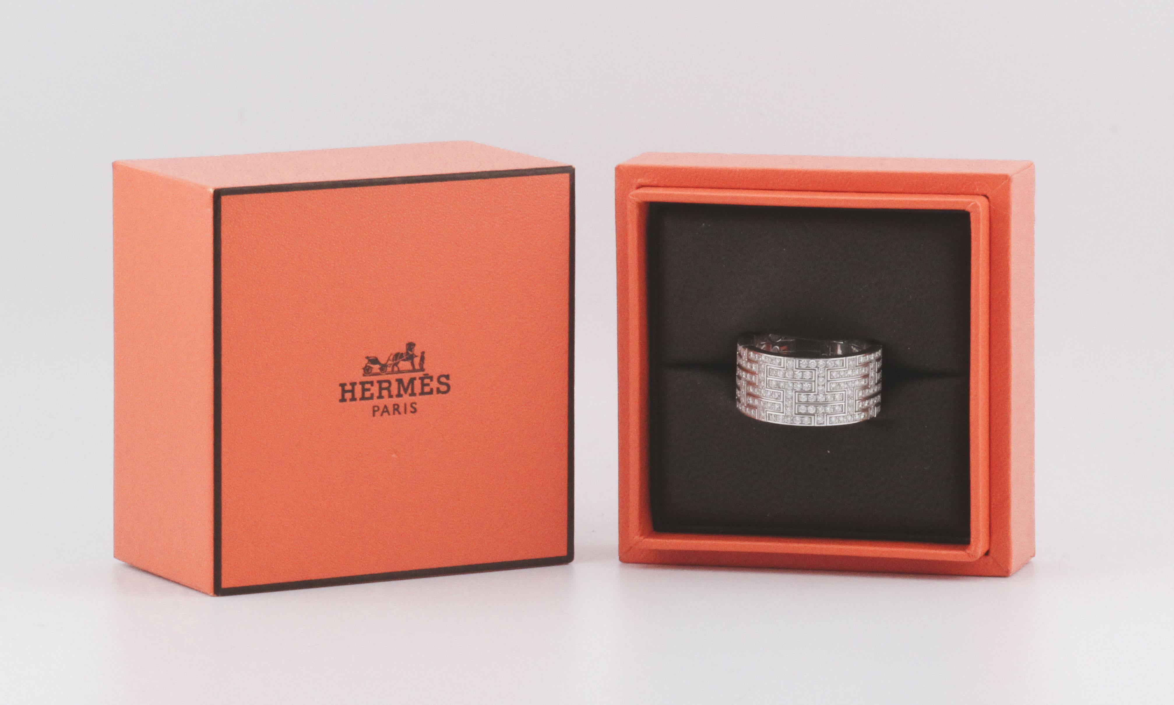 Hermes Kilim Pave Diamond 18k White Gold Wide Band Ring Size 58 8.25 For Sale 2