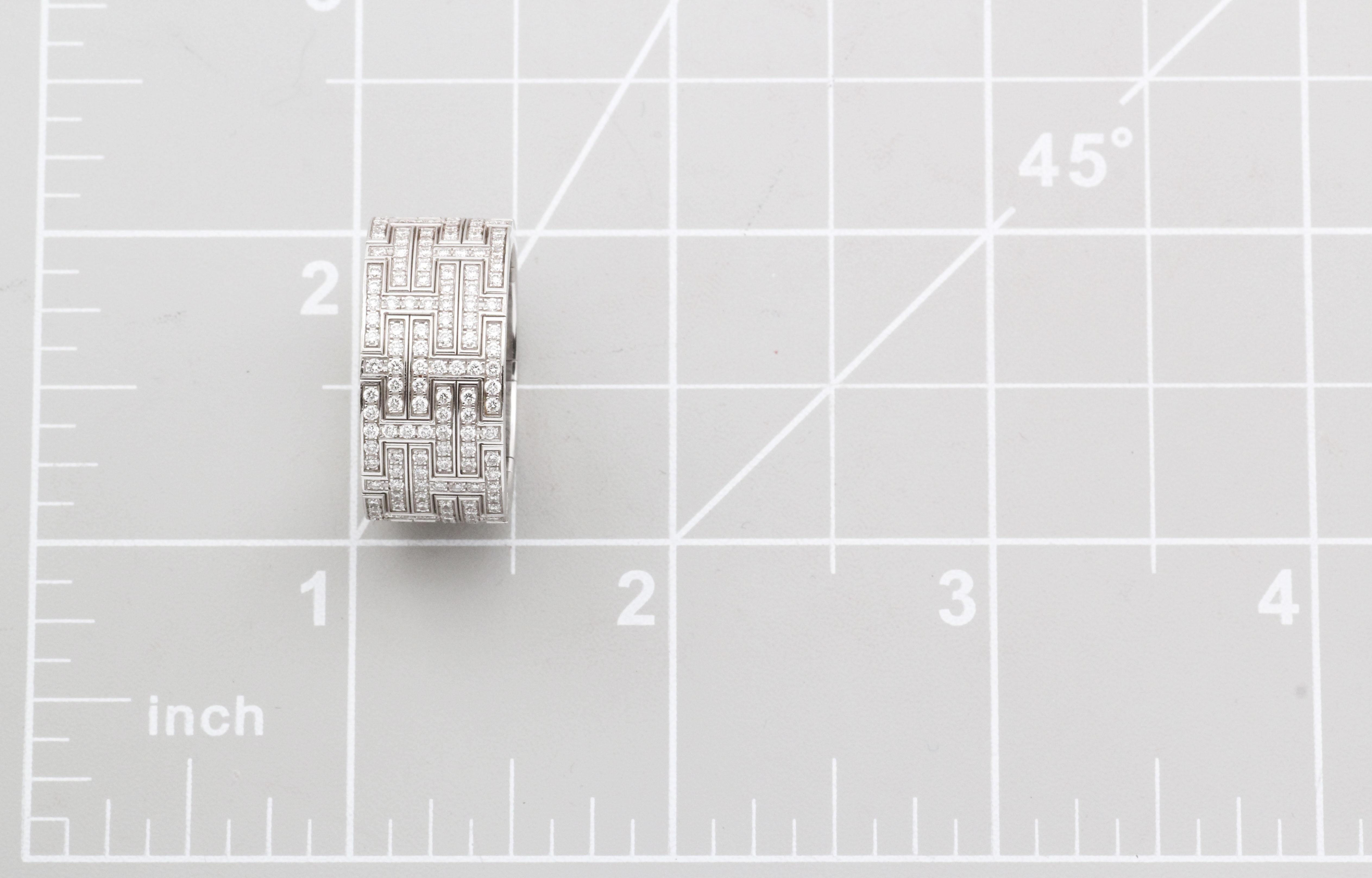 Hermes Kilim Pave Diamond 18k White Gold Wide Band Ring Size 58 8.25 For Sale 4