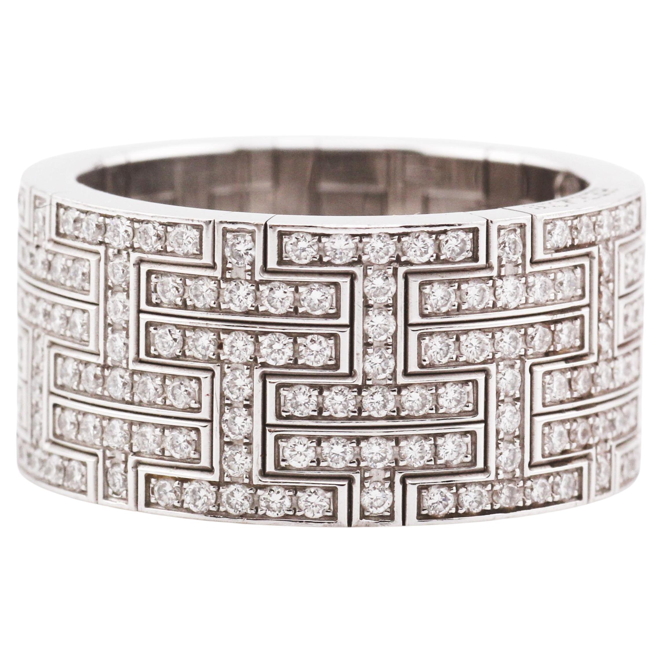 Hermes Kilim Pave Diamond 18k White Gold Wide Band Ring Size 58 8.25