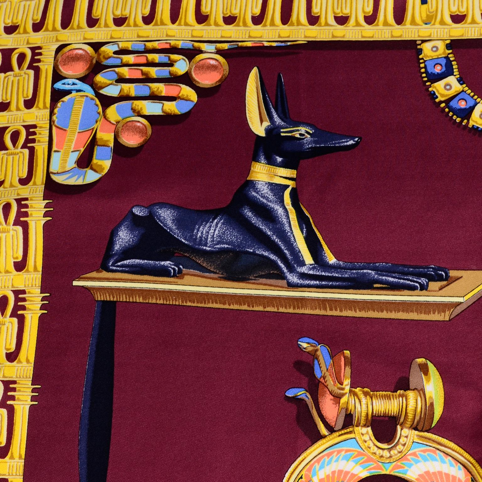 Brown Hermes King Tut Tutankhamun Burgundy Silk Scarf by Vladimir Rybaltchenko in 1976