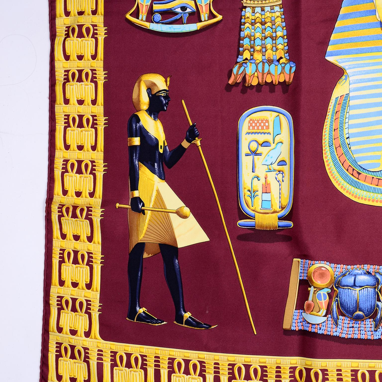 Women's or Men's Hermes King Tut Tutankhamun Burgundy Silk Scarf by Vladimir Rybaltchenko in 1976