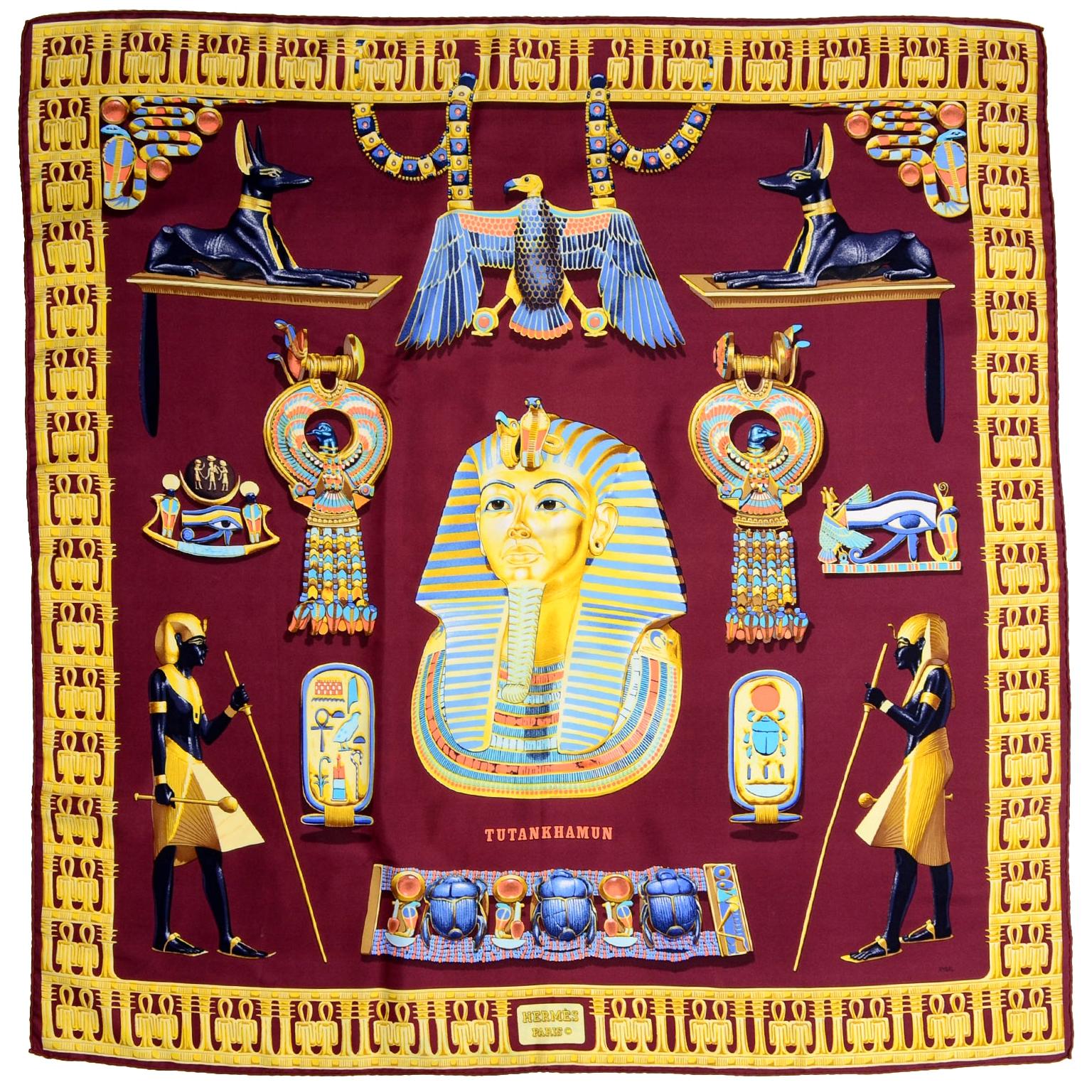 Hermes King Tut Tutankhamun Burgundy Silk Scarf by Vladimir Rybaltchenko in 1976