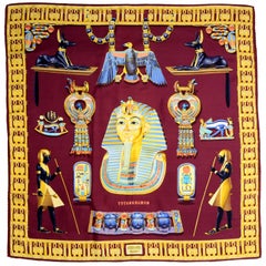 Vintage Hermes King Tut Tutankhamun Burgundy Silk Scarf by Vladimir Rybaltchenko in 1976