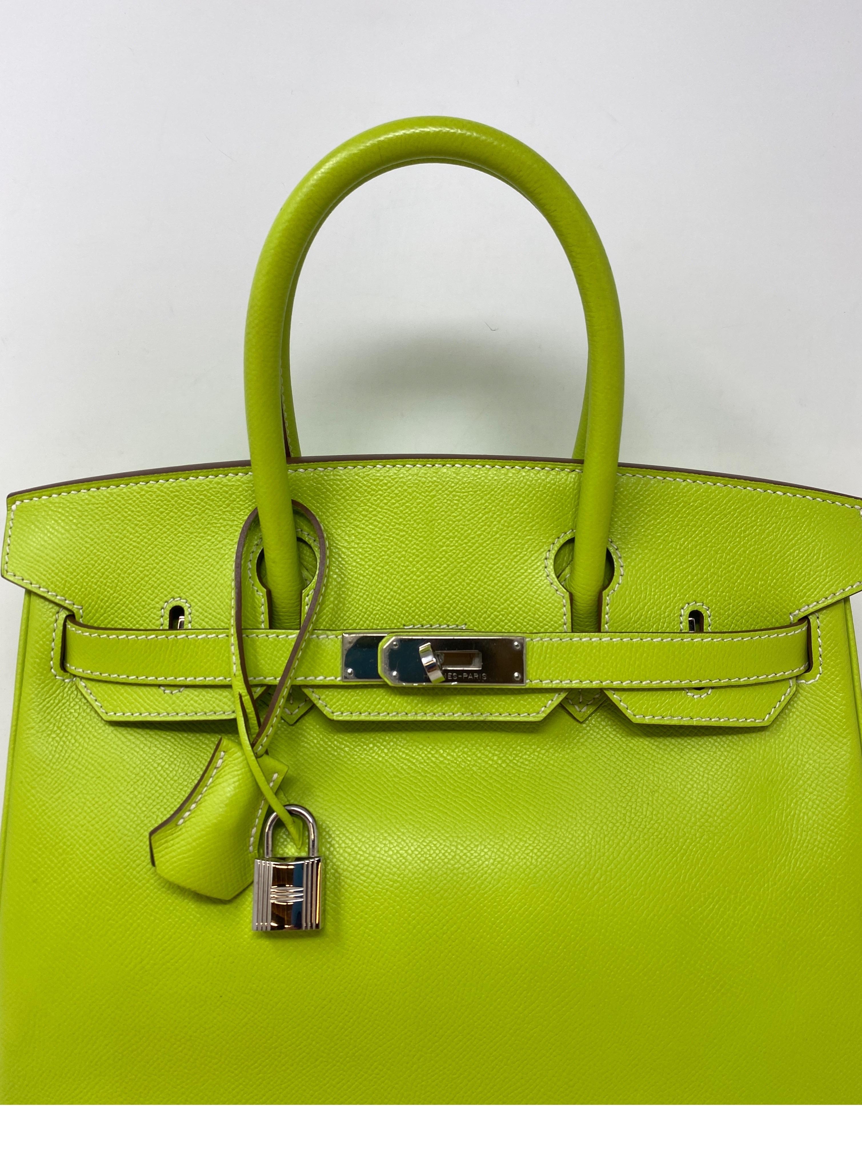 Hermes Kiwi Birkin 30 Bag. Lichen green interior. Candy bag. Interior different color. Palladium hardware. Good condition. Light corner wear. Interior clean. Rare bright yellow/ neon green color. Guaranteed authentic. 