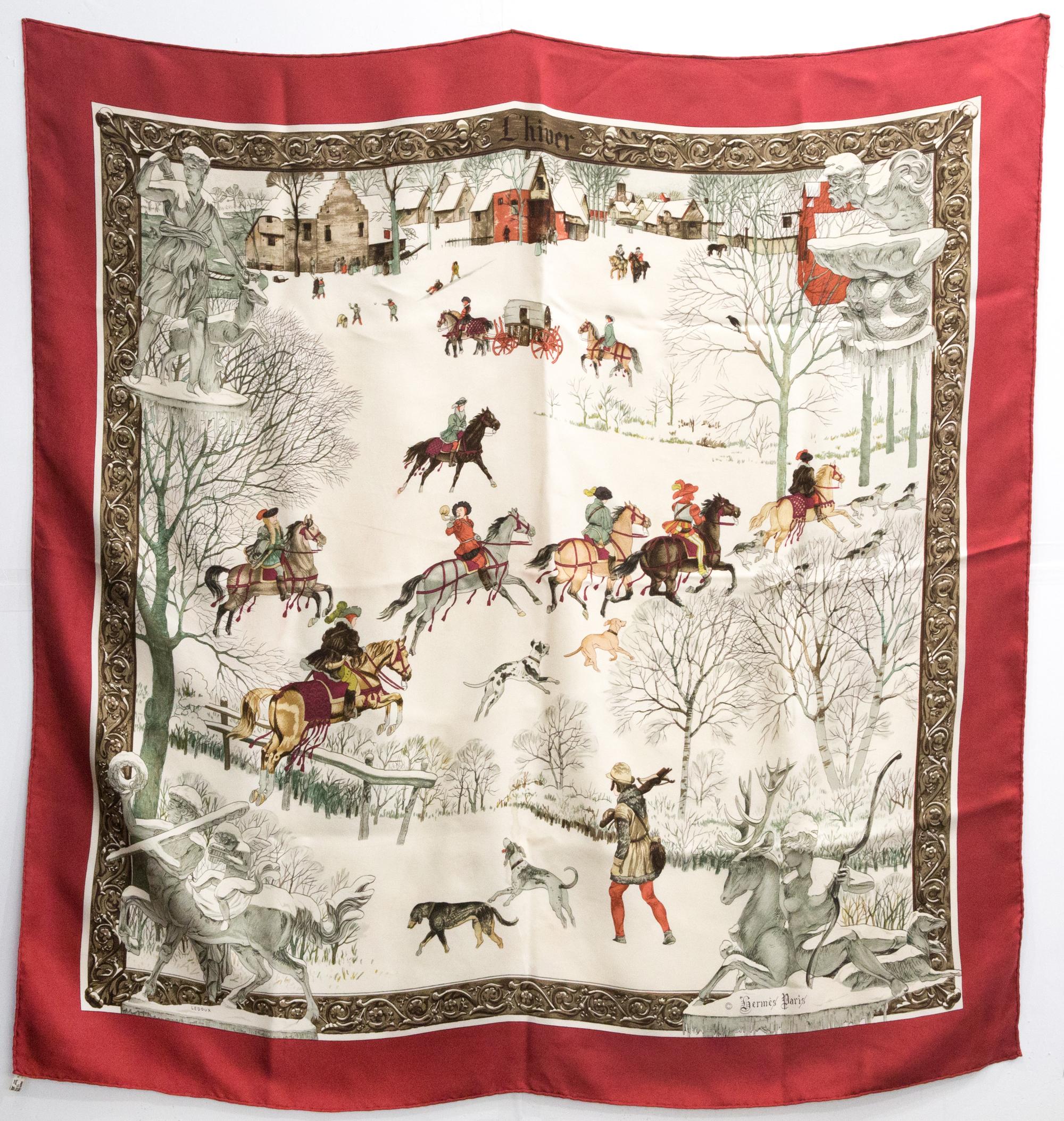 Hermes L Hiver by Philippe Ledoux Silk Scarf For Sale at 1stDibs