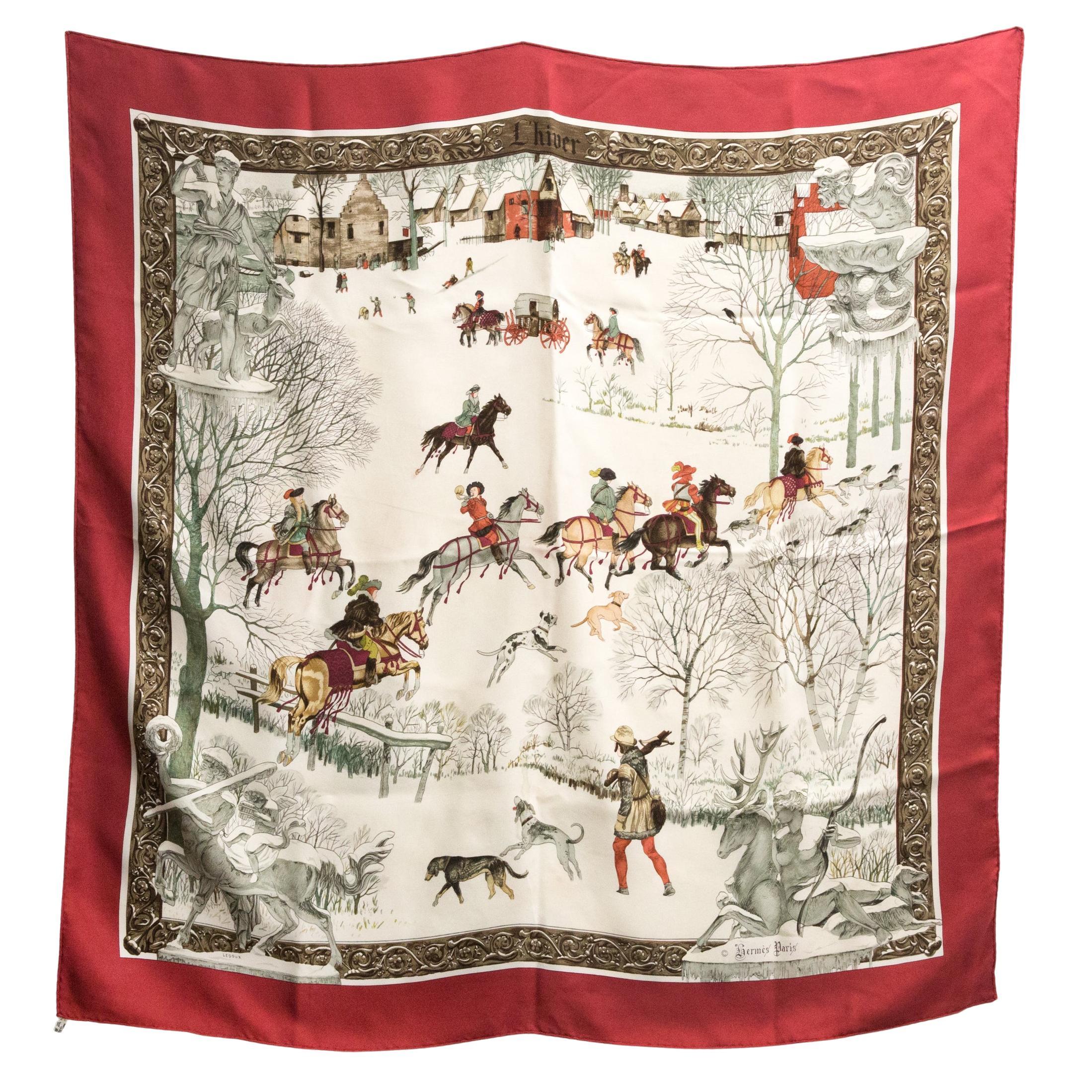 Hermes L Hiver by Philippe Ledoux Silk Scarf in vendita