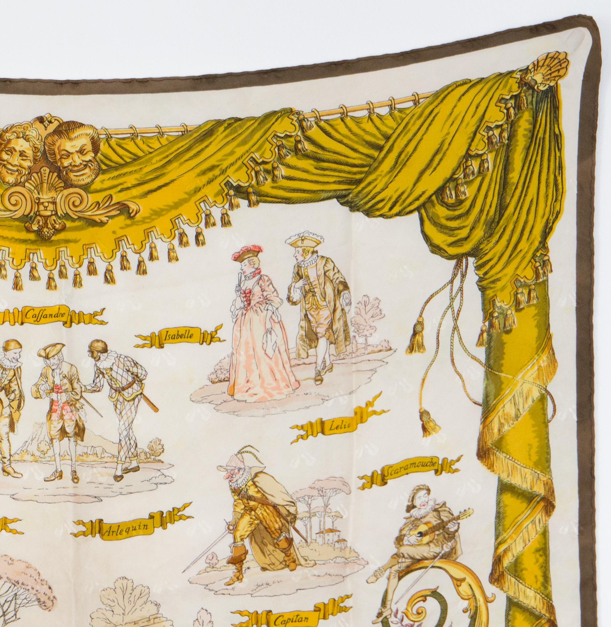 Beige Hermes La Comédie Italienne by Philippe Ledoux Silk Scarf