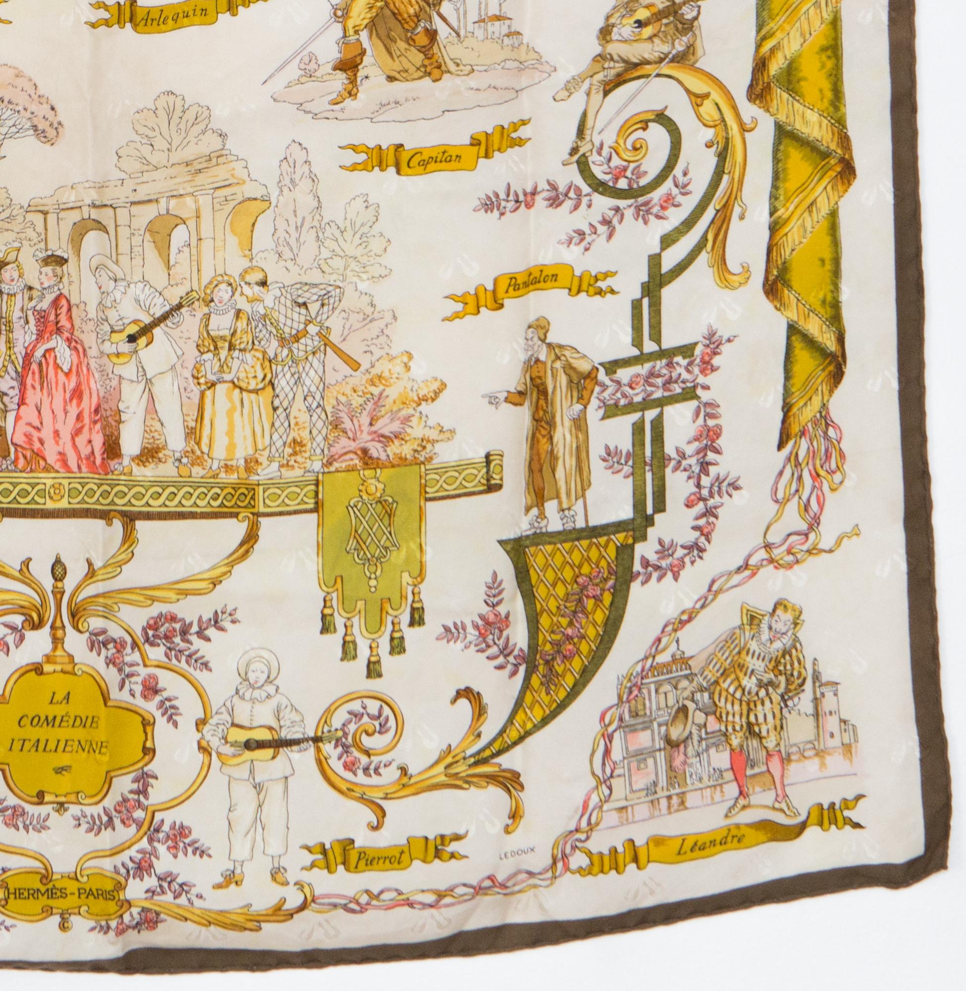 Hermes La Comédie Italienne by Philippe Ledoux Silk Scarf In Good Condition In Paris, FR