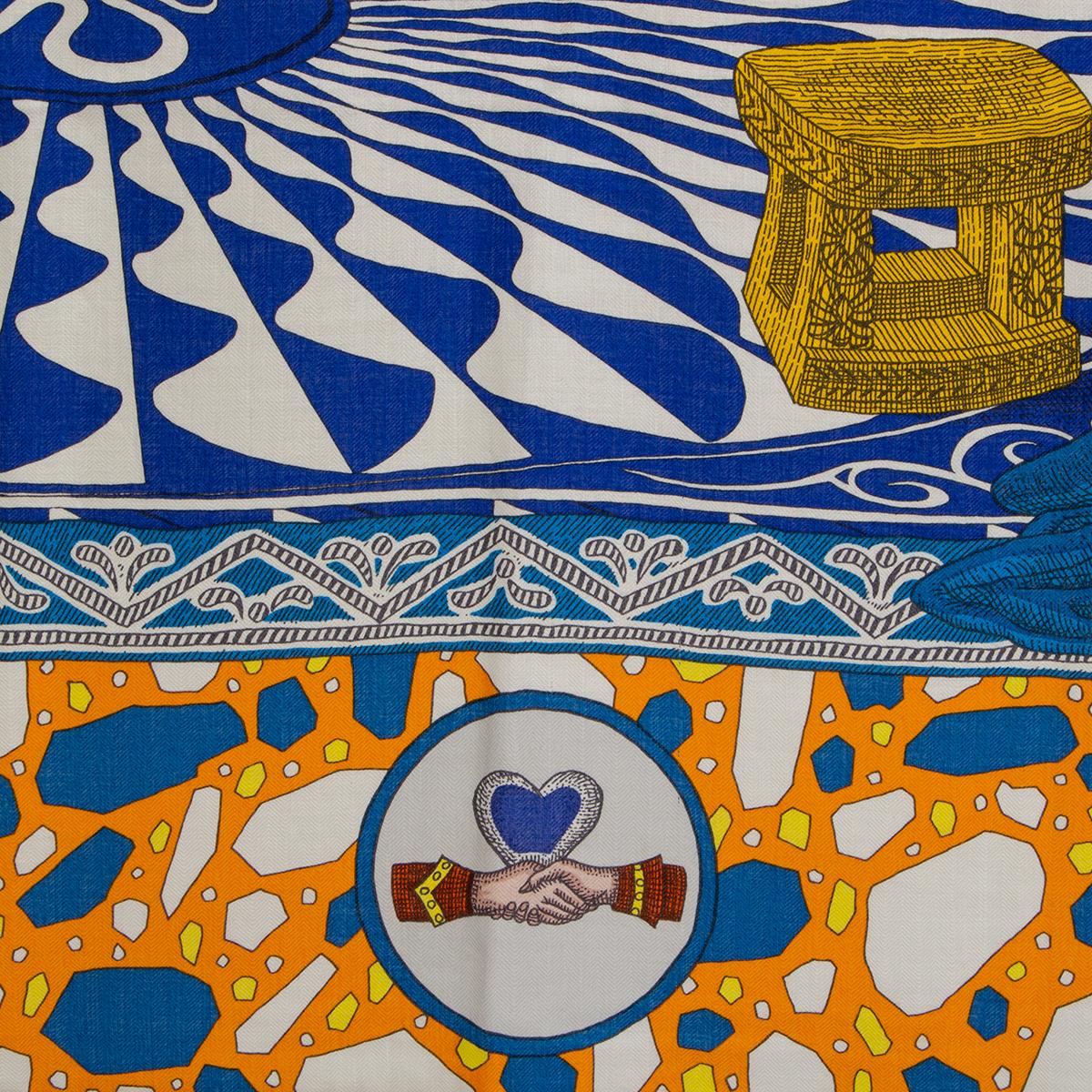 HERMES LA DANSE DES AMAZONES 140 Scarf Bleu Vif Bouton d'Or Multicolore In New Condition In Zürich, CH