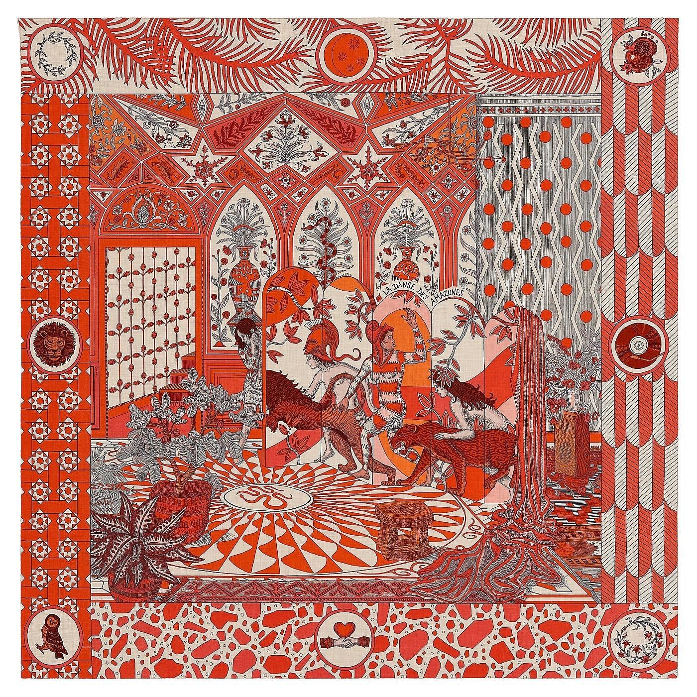 Hermes La Danse des Amazones shawl 140 Orange Naturel Corail Cashmere and Silk