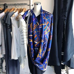 Hermes La Fabrique des Rubans Blue 140cm Summer Silk Twill Shawl Scarf