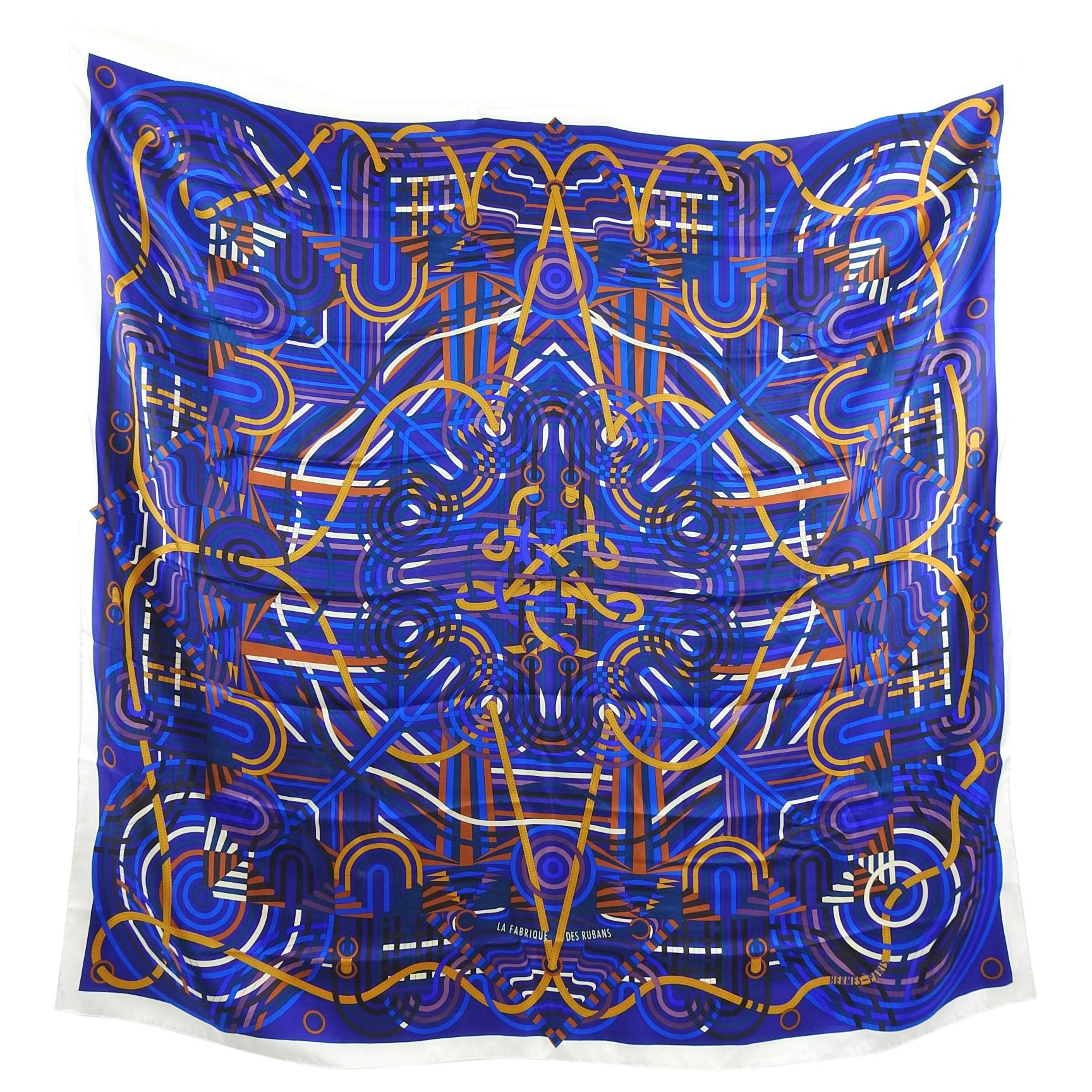 Hermes La Fabrique des Rubans Blue 140cm Summer Silk Twill Shawl Scarf In Excellent Condition For Sale In Toronto, ON