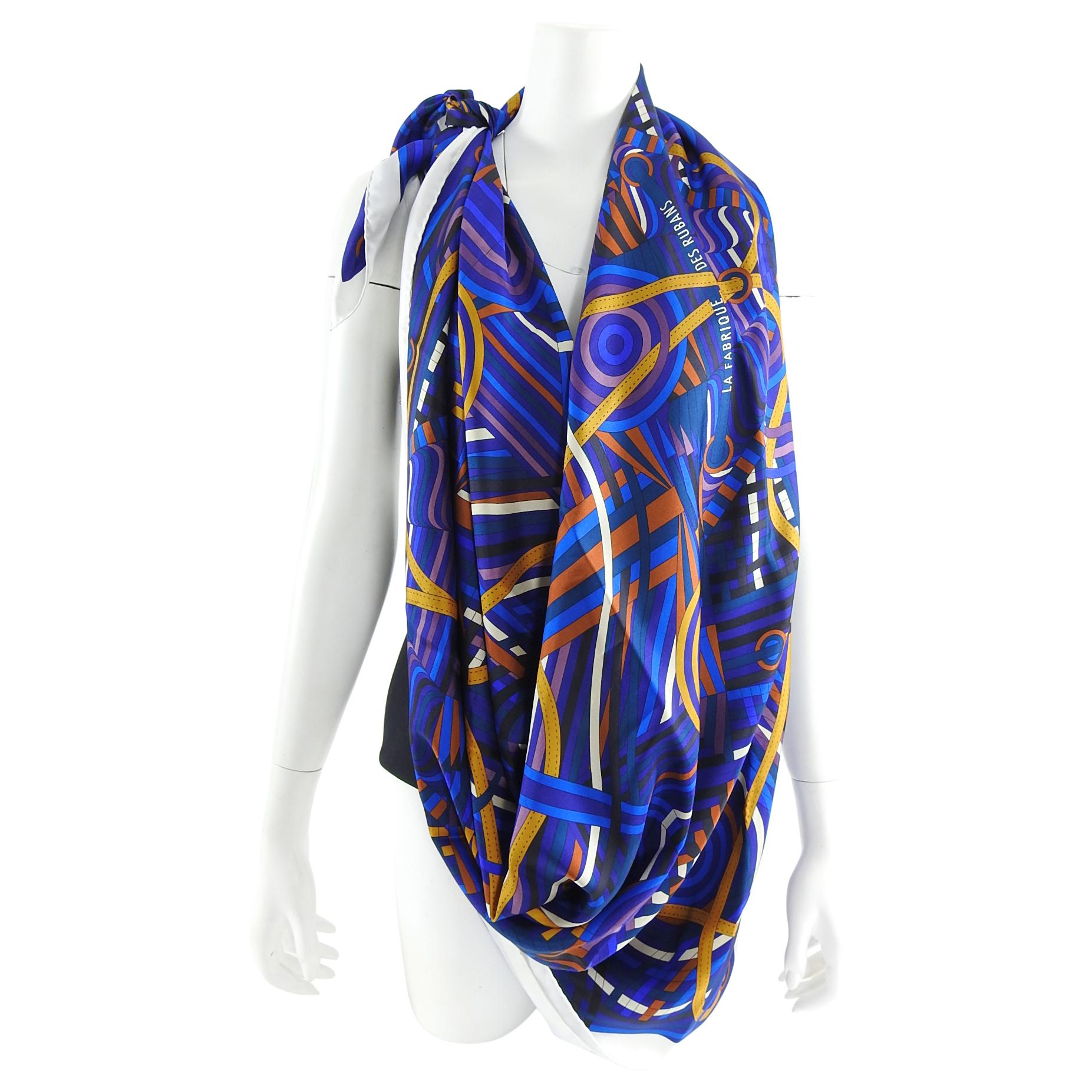 Women's Hermes La Fabrique des Rubans Blue 140cm Summer Silk Twill Shawl Scarf For Sale