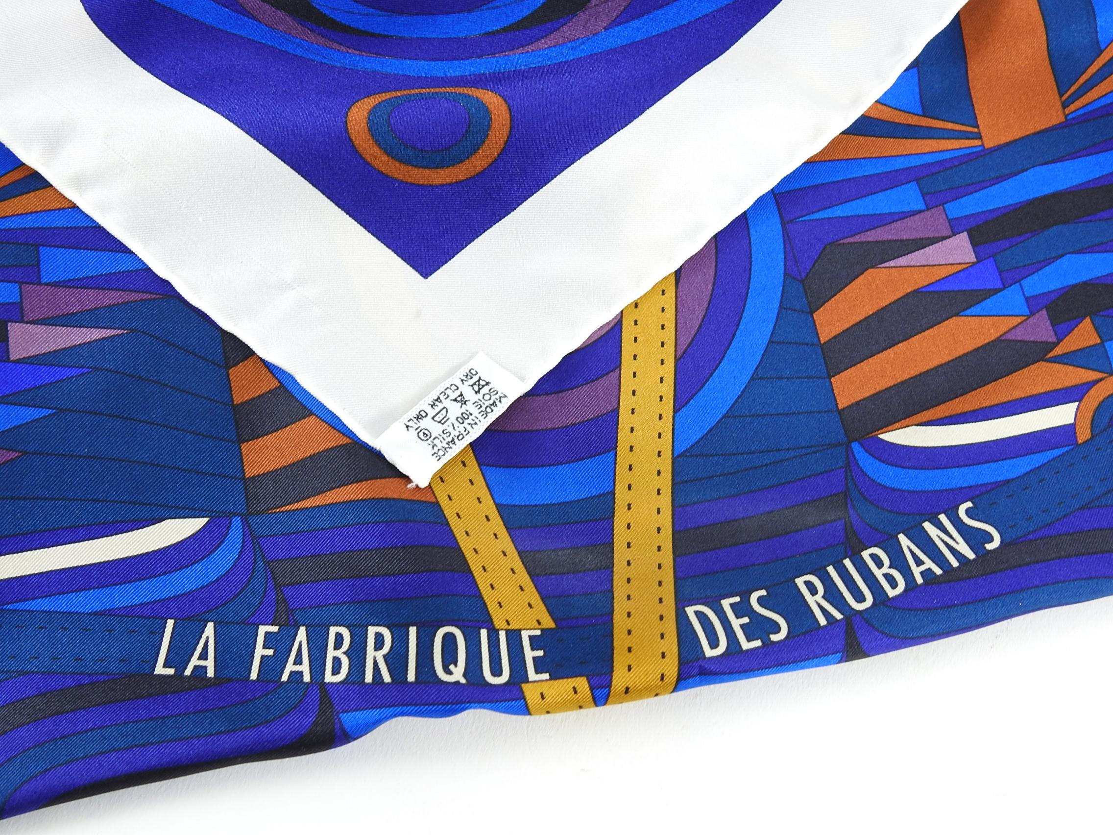 Hermes La Fabrique des Rubans Blue 140cm Summer Silk Twill Shawl Scarf For Sale 2