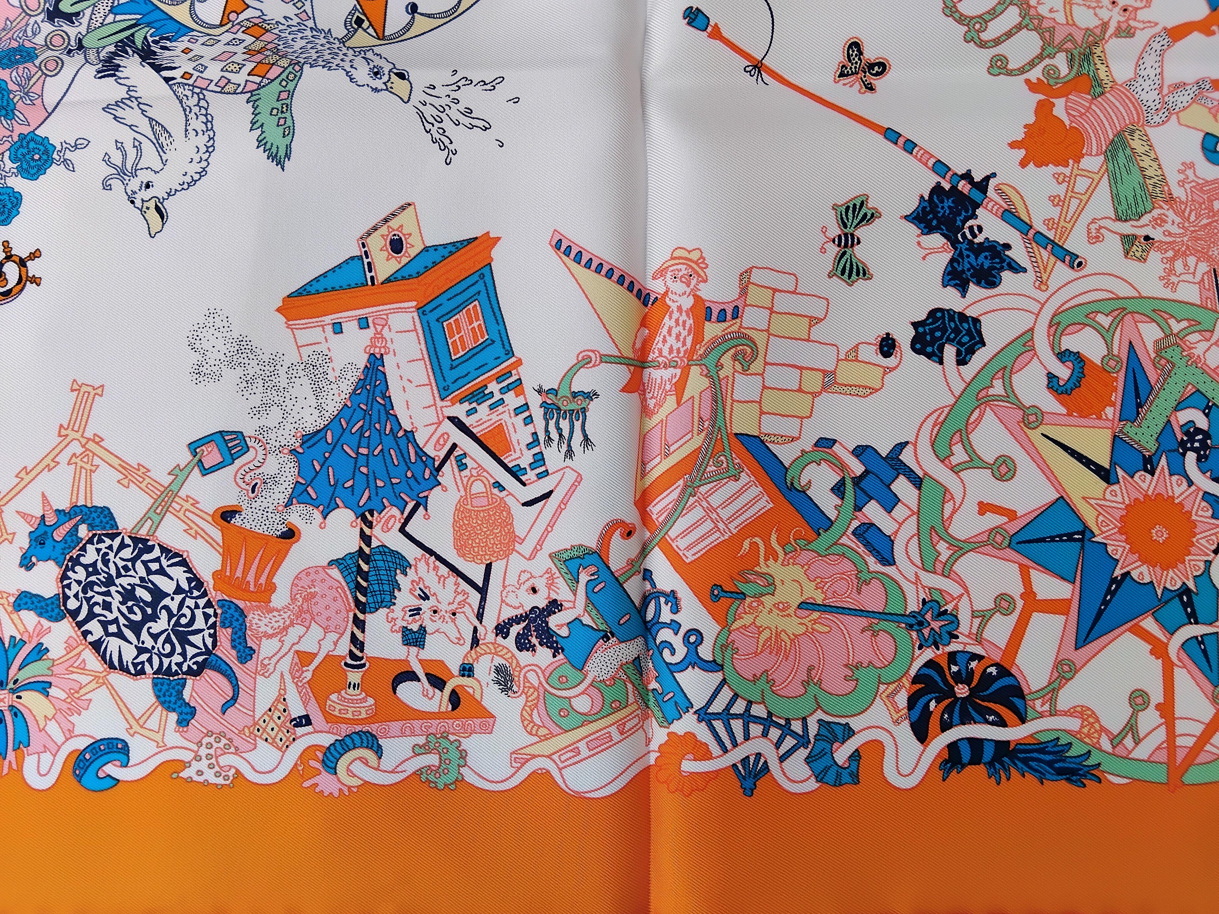 Hermès La Folle Parade Silk Scarf Claire Fanjul White Orange 89 cm For Sale 6