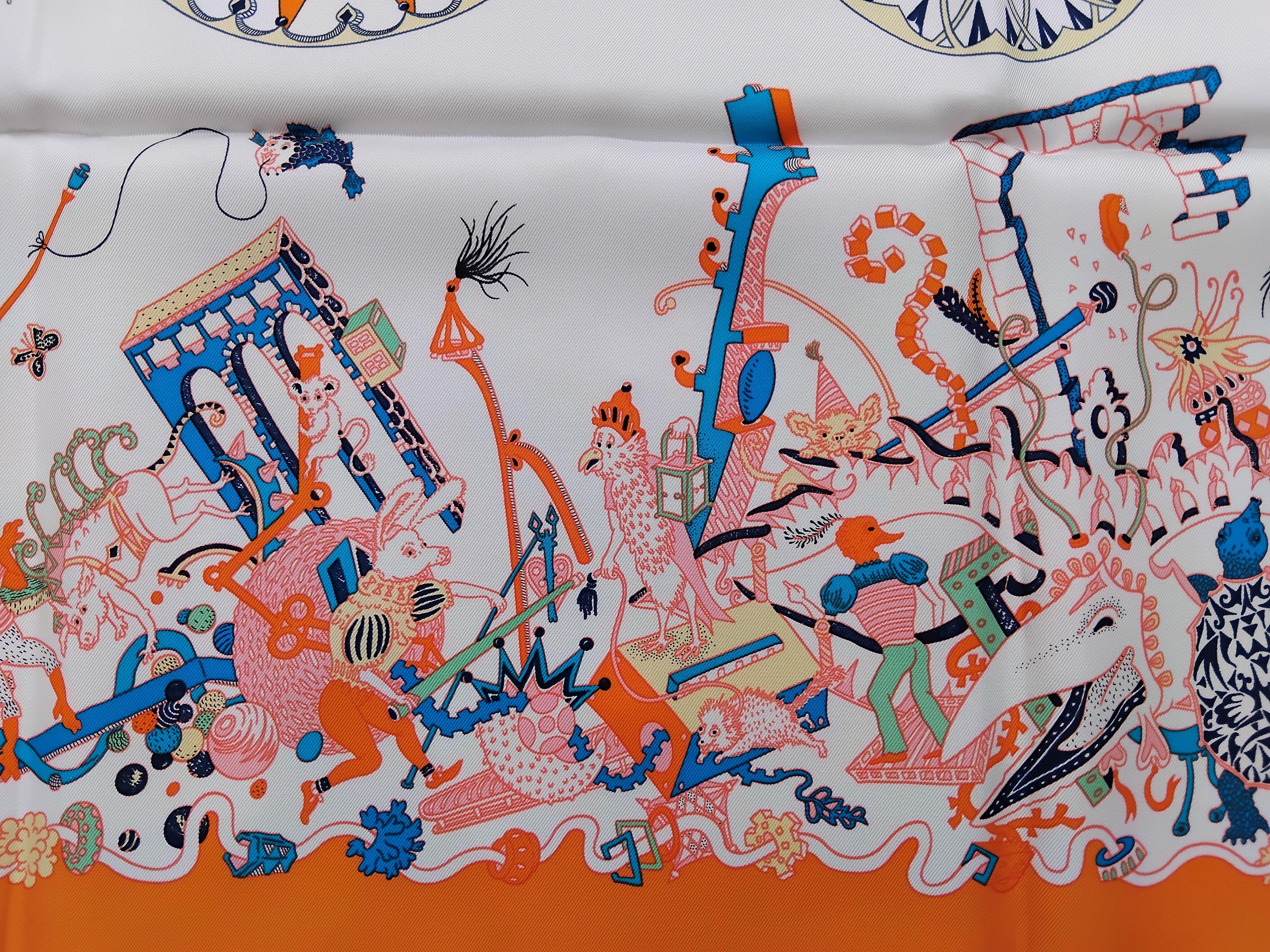 Hermès La Folle Parade Silk Scarf Claire Fanjul White Orange 89 cm For Sale 7