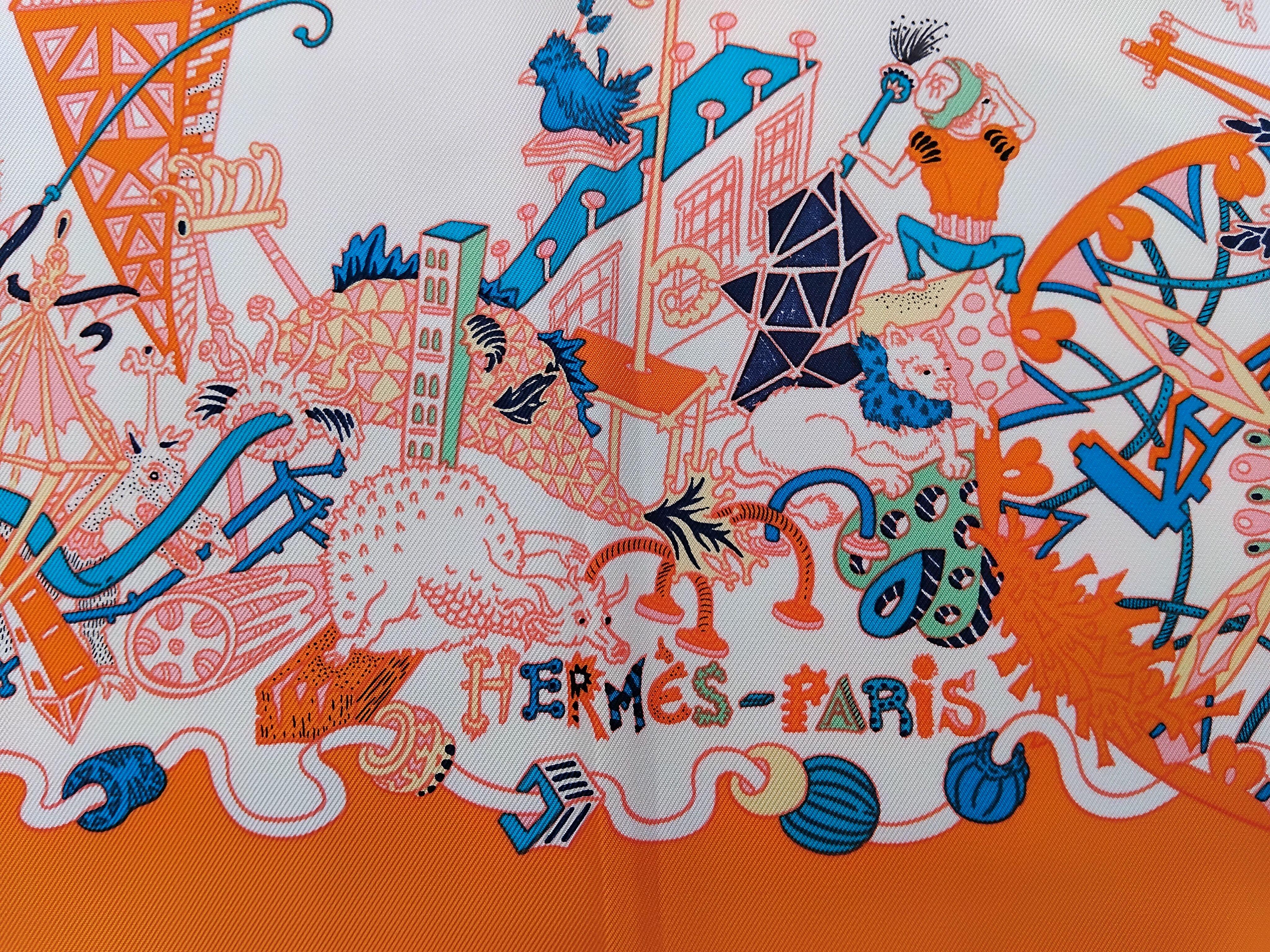 Hermès La Folle Parade Silk Scarf Claire Fanjul White Orange 89 cm For Sale 8