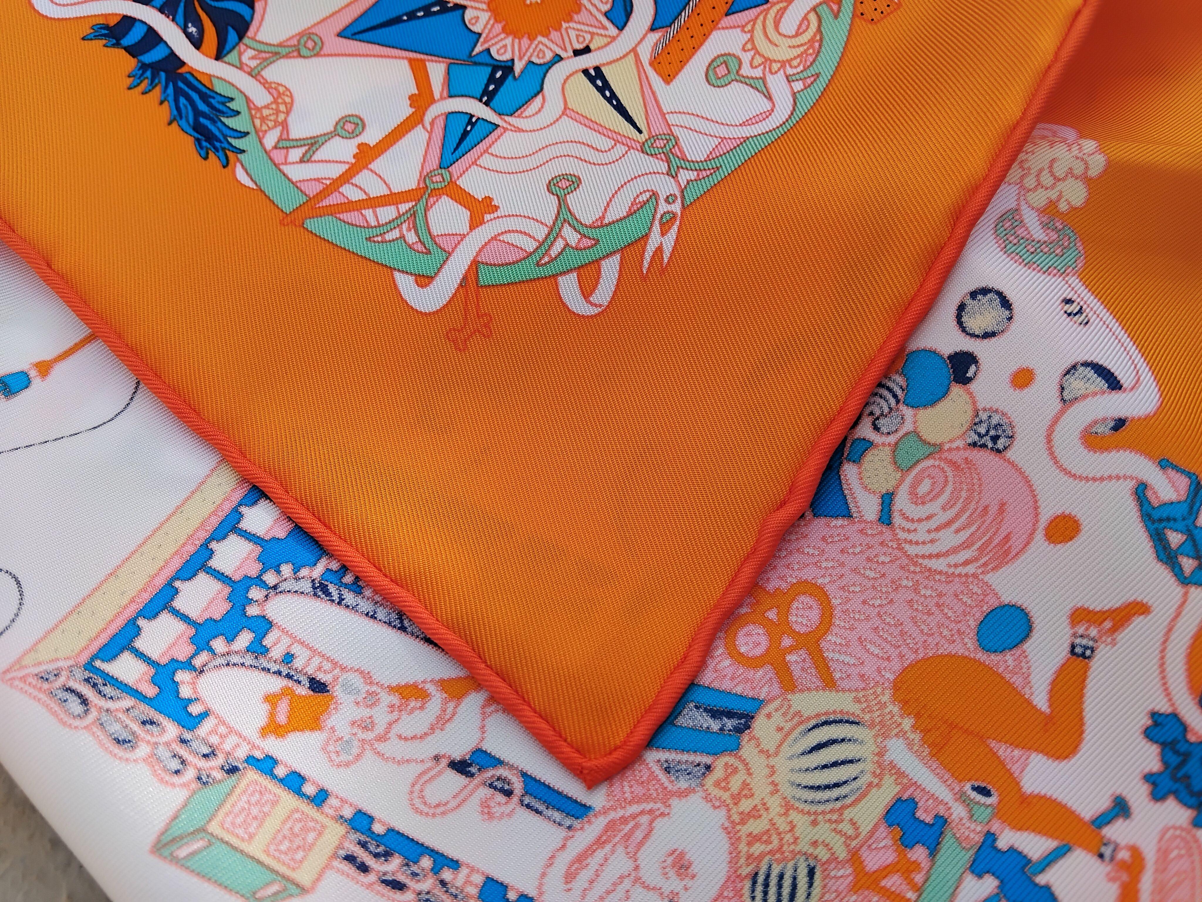 Hermès La Folle Parade Silk Scarf Claire Fanjul White Orange 89 cm For Sale 9