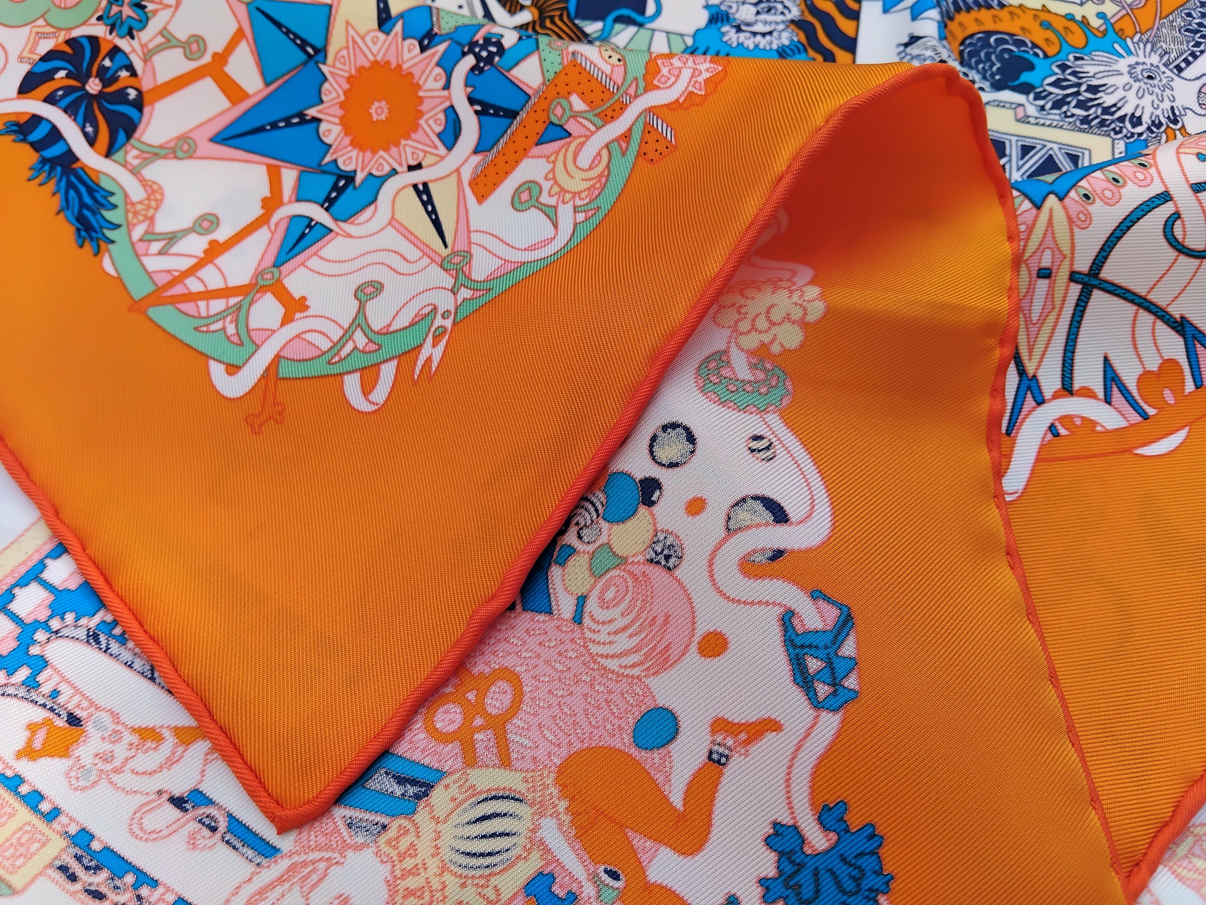 Hermès La Folle Parade Silk Scarf Claire Fanjul White Orange 89 cm For Sale 10