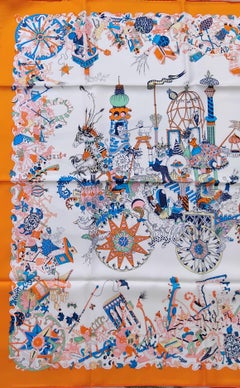 Hermès La Folle Parade Silk Scarf Claire Fanjul White Orange 89 cm