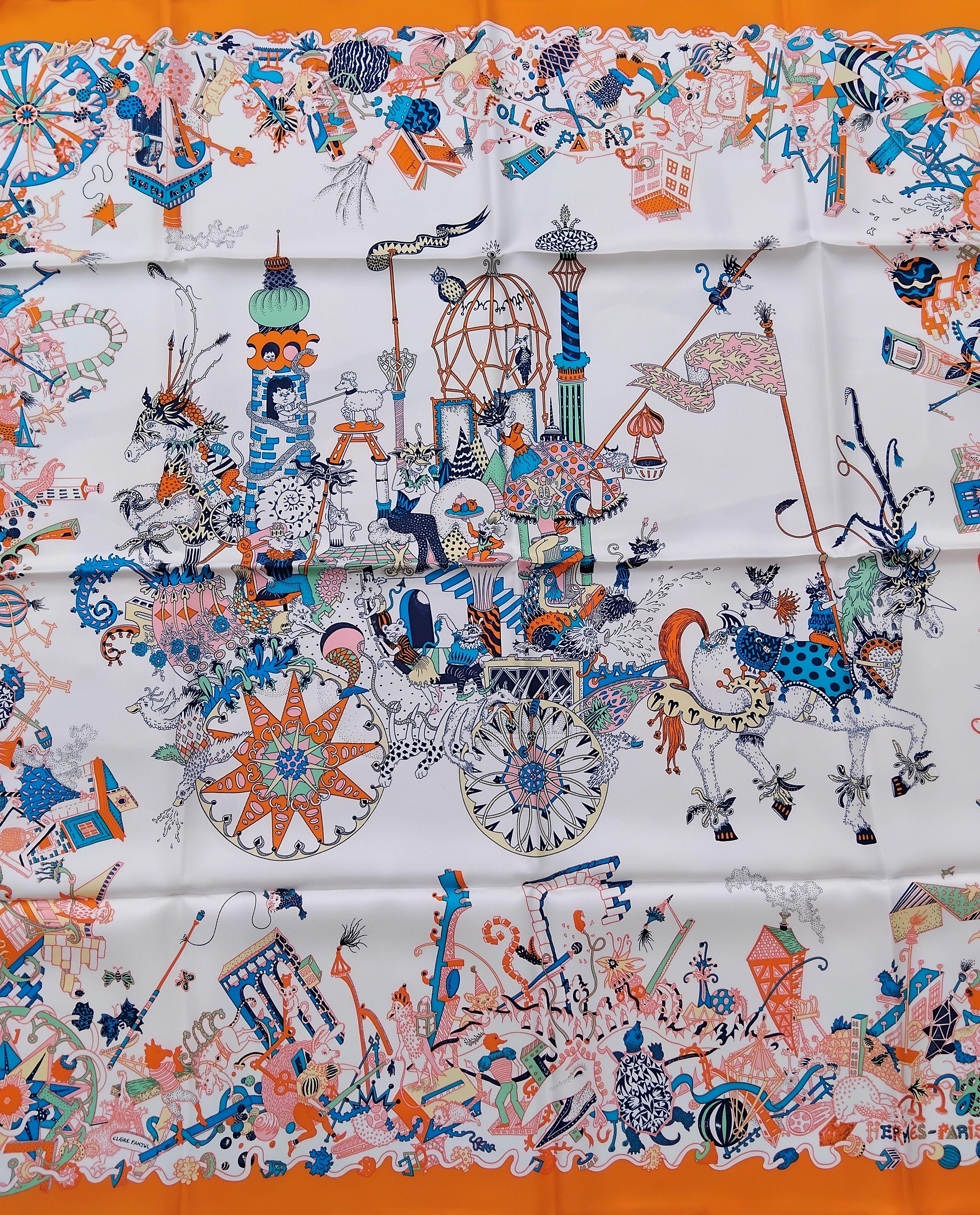 Beige Hermès La Folle Parade Silk Scarf Claire Fanjul White Orange 89 cm For Sale