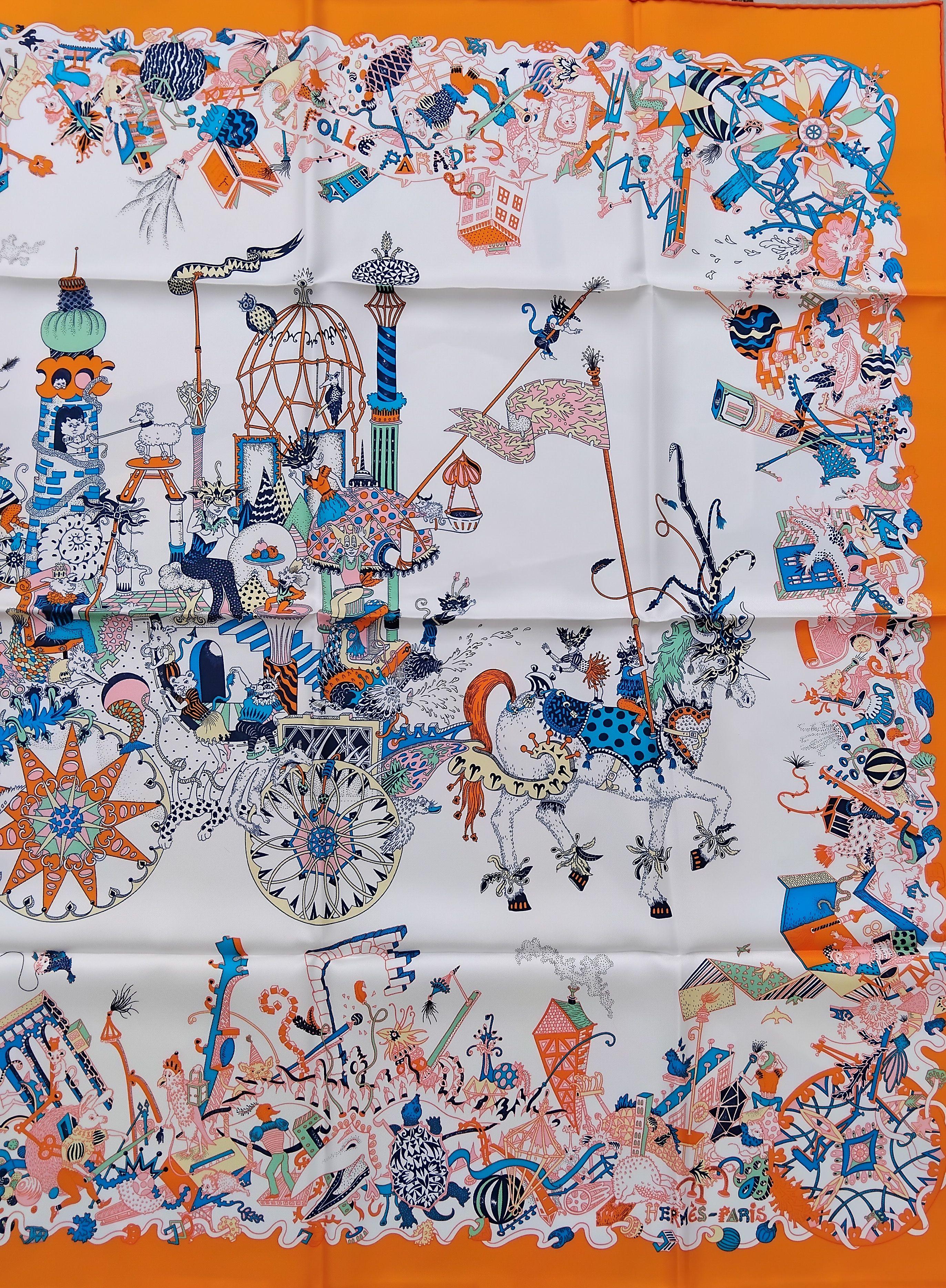 Women's Hermès La Folle Parade Silk Scarf Claire Fanjul White Orange 89 cm For Sale