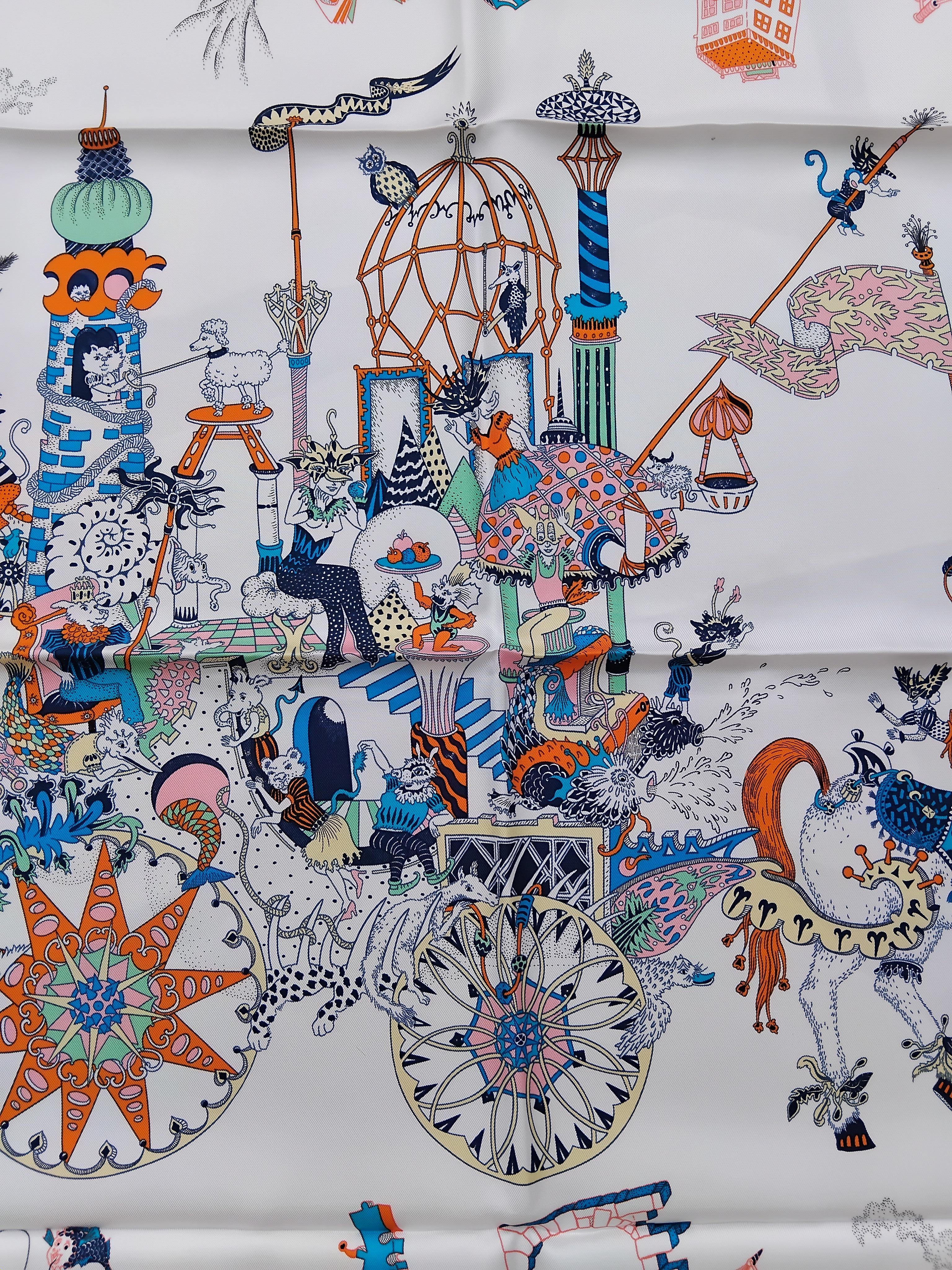 Hermès La Folle Parade Silk Scarf Claire Fanjul White Orange 89 cm For Sale 2