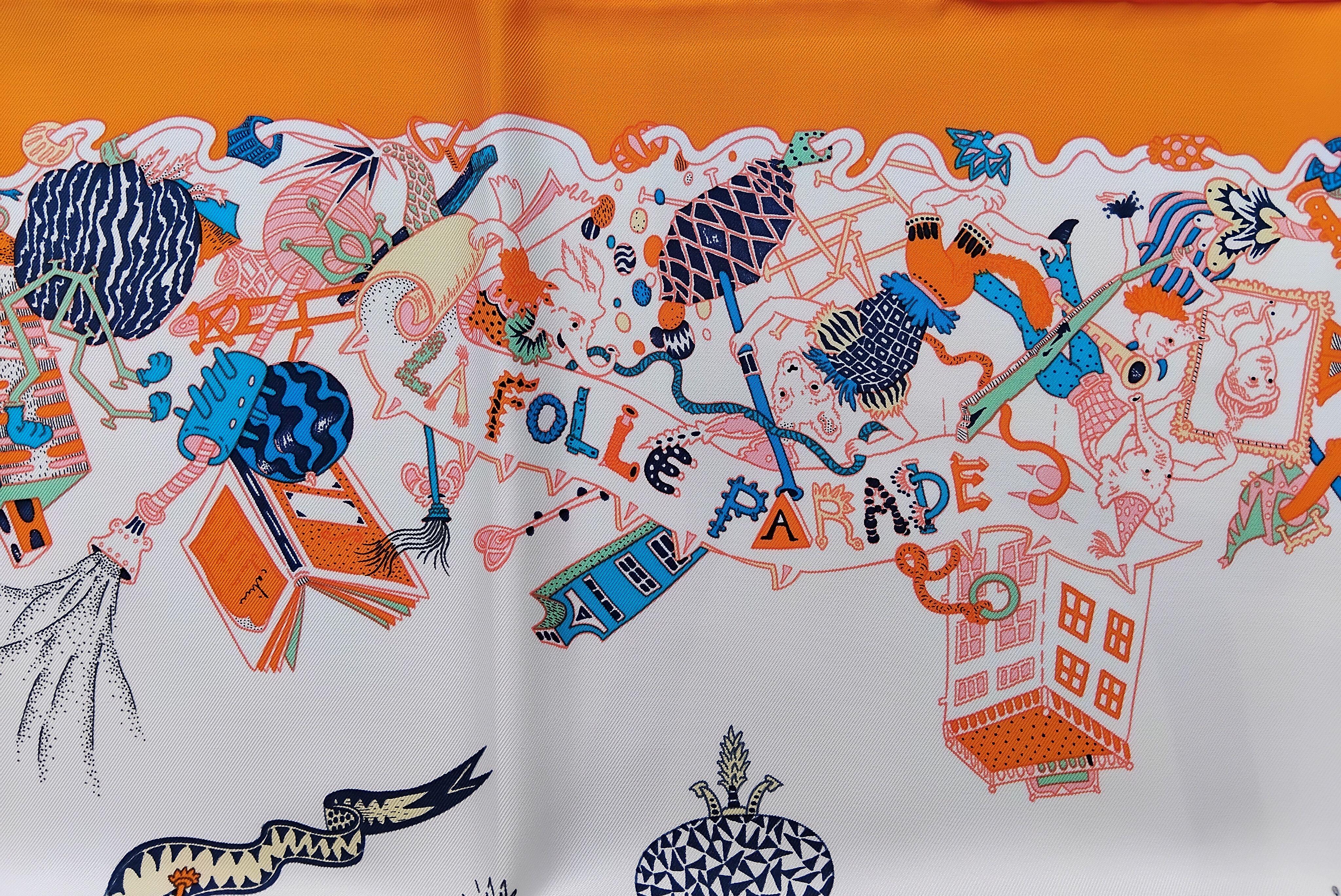 Hermès La Folle Parade Silk Scarf Claire Fanjul White Orange 89 cm For Sale 4